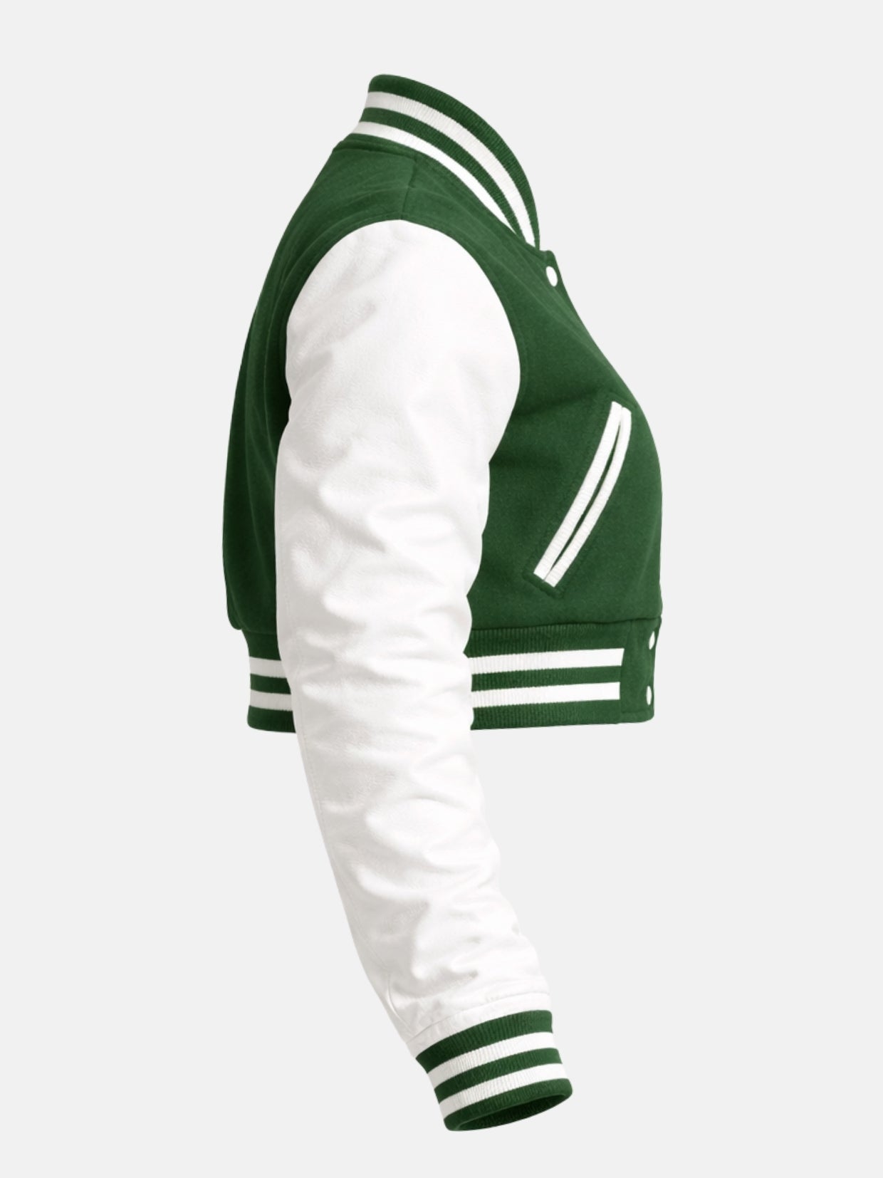 Women’s green cropped varsity jacket with white sleeves and ribbed trim, right view