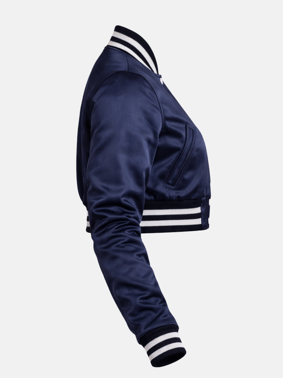 Women’s cropped navy blue satin varsity jacket with ribbed trim and snap front, right view