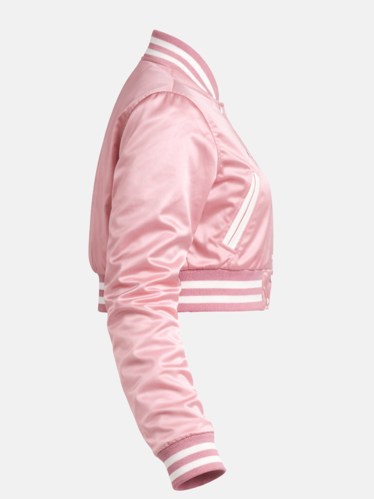 Women’s pink cropped varsity jacket with satin finish and ribbed trim, right view