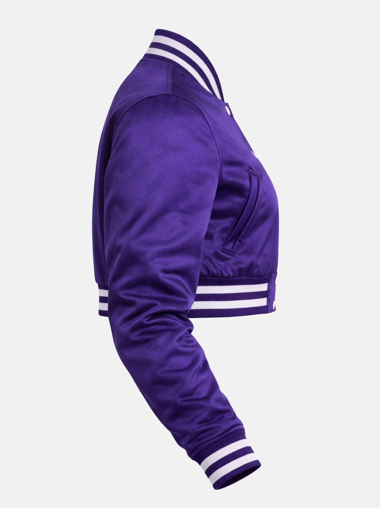 Women’s cropped purple satin varsity jacket with ribbed collar, cuffs, and snap front, right view