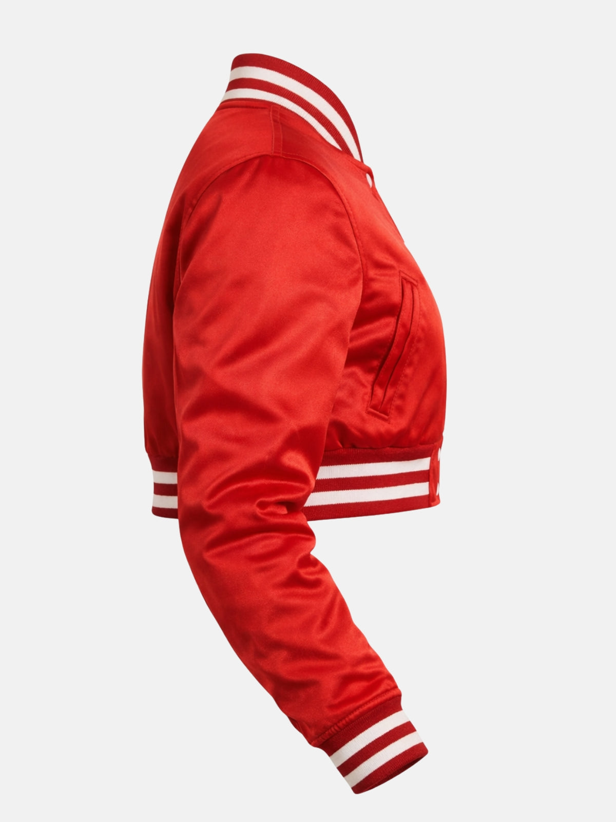 Women’s cropped red satin varsity jacket with ribbed collar, cuffs, and snap front, right view