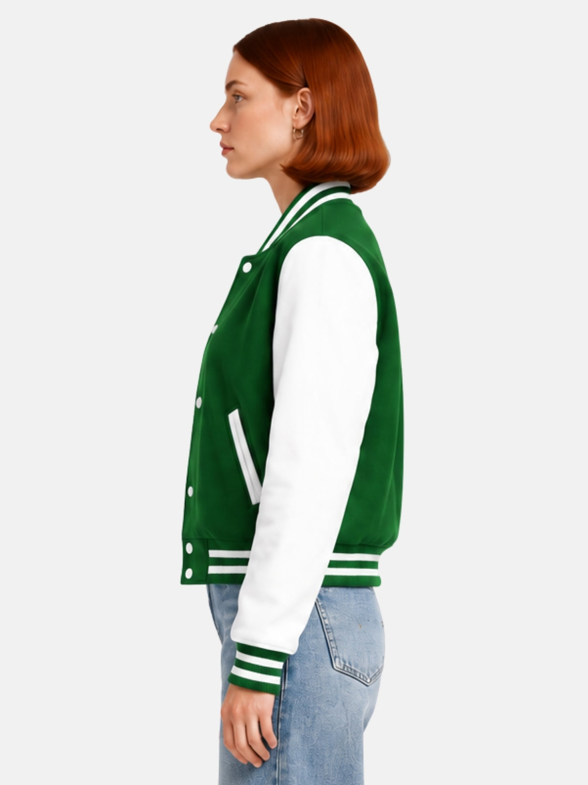 Side profile of womens green varsity jacket showing white leather sleeve and striped cuff