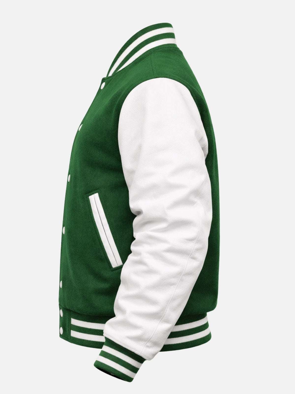 Women’s green and white varsity jacket with classic ribbed trim, left view