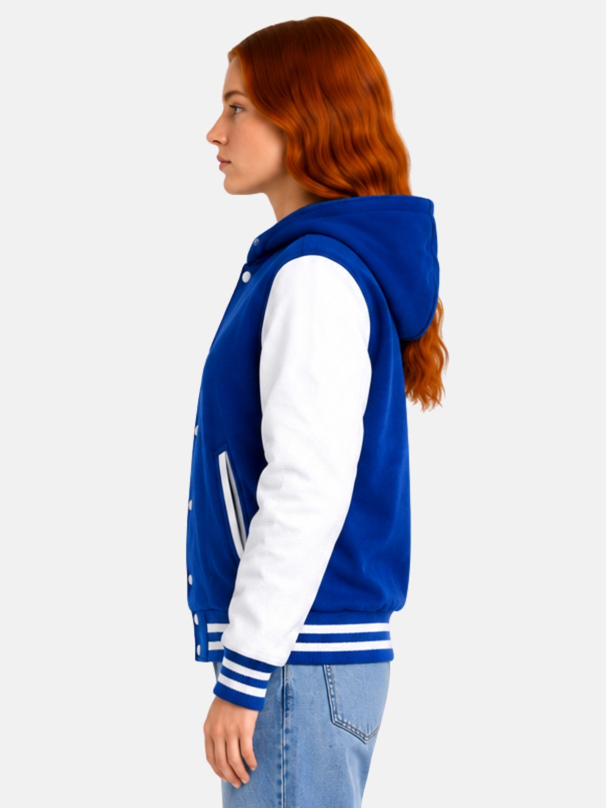 Side profile of womens blue hooded varsity jacket showing hood and white leather sleeve