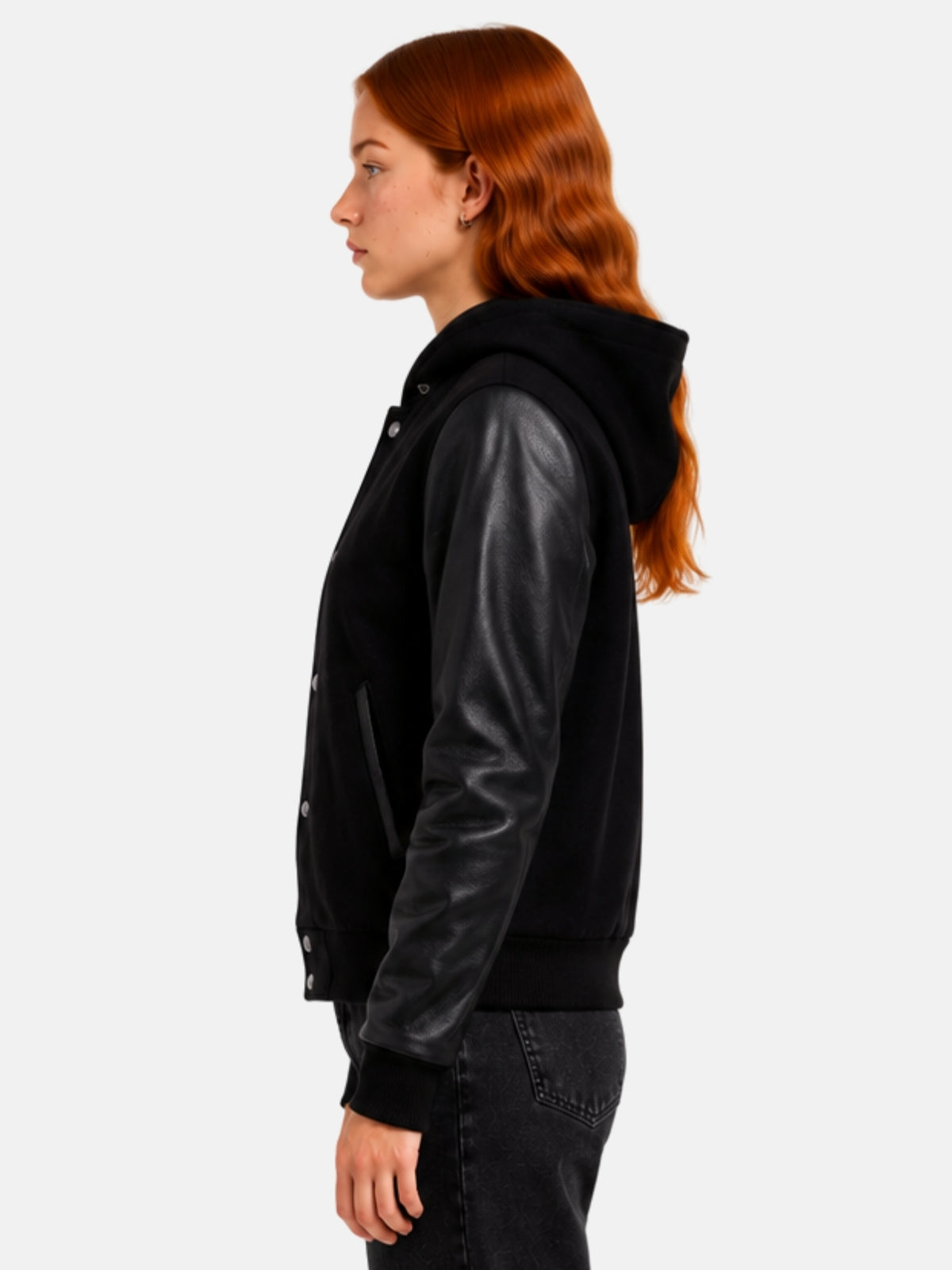 Side profile of womens hooded varsity jacket showing hood and leather sleeve
