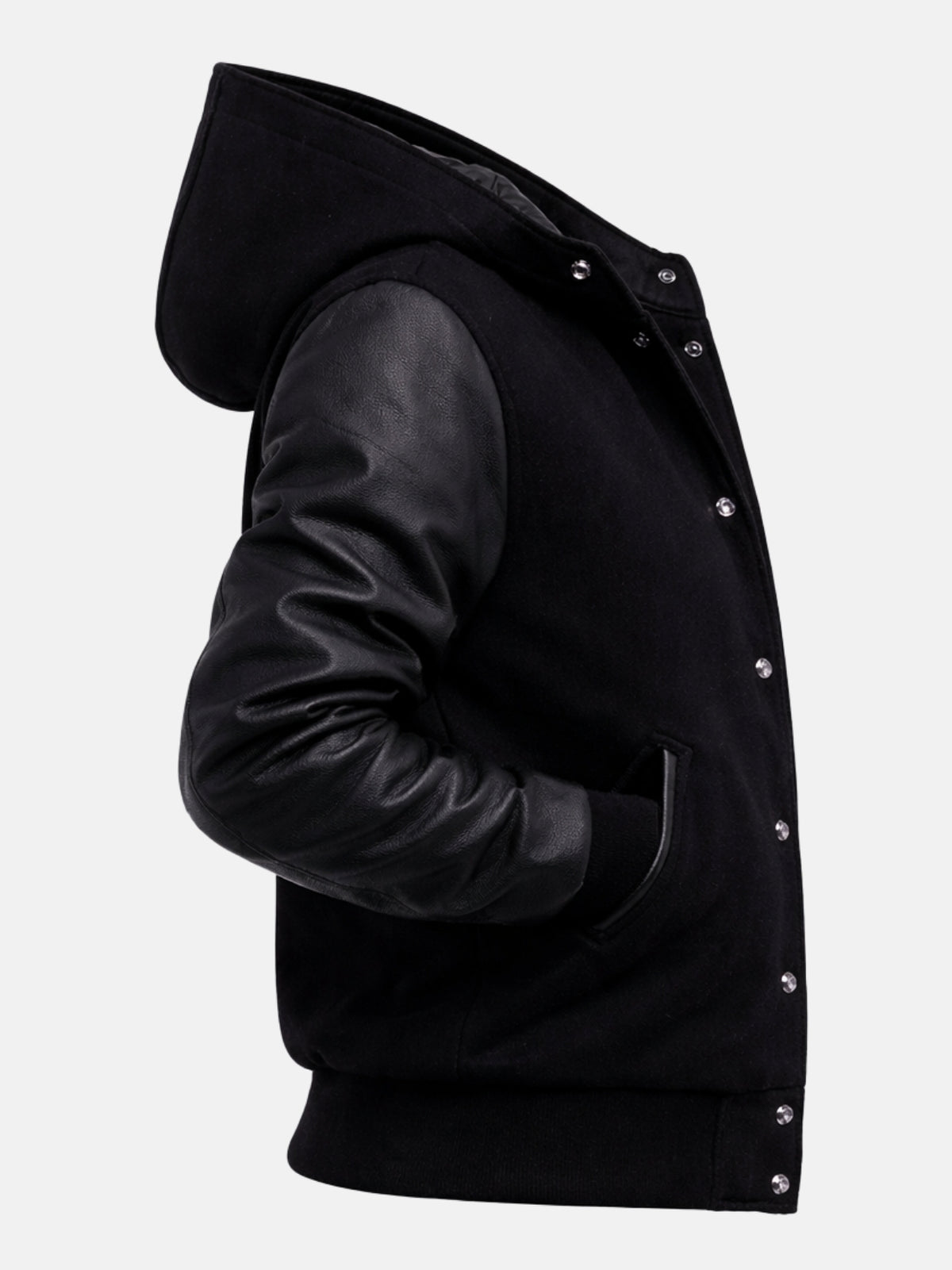 Side flat view of black hooded varsity jacket showing hood profile and welt pocket