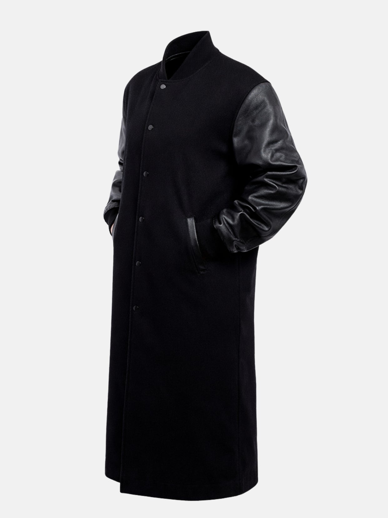 Women’s longline varsity coat with leather sleeves and ribbed trim, tilt view