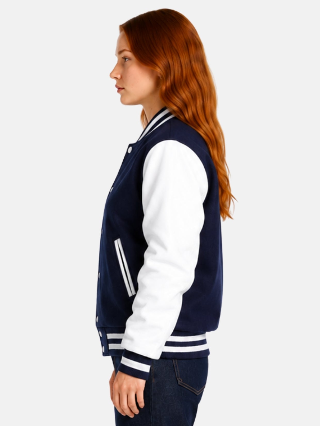 Side profile of womens navy varsity jacket showing white leather sleeve and striped cuff