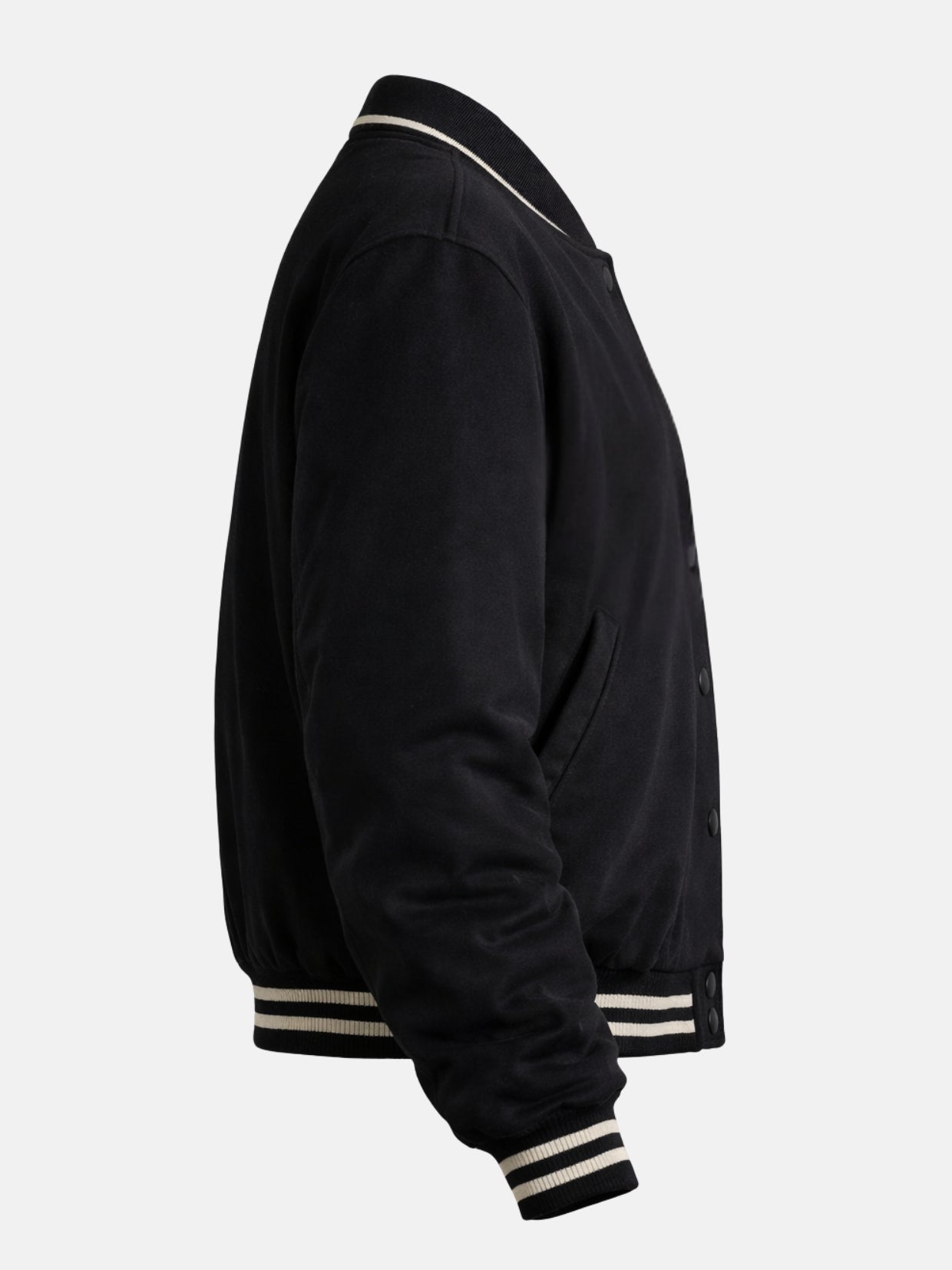 Women’s oversized black suede varsity jacket with ribbed trim and snap front, right view