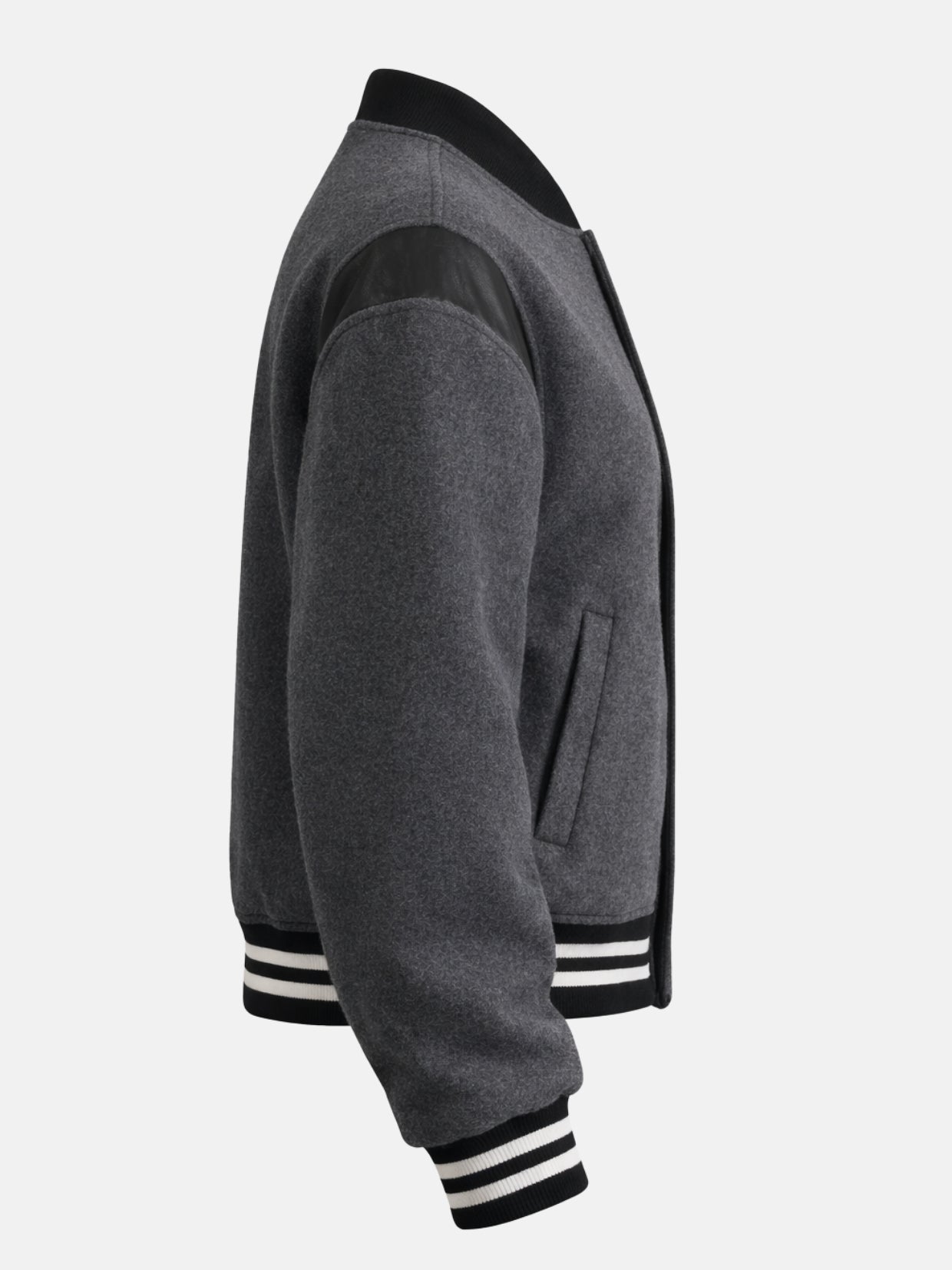 Women’s oversized charcoal wool varsity jacket with leather sleeves and ribbed trim, right view