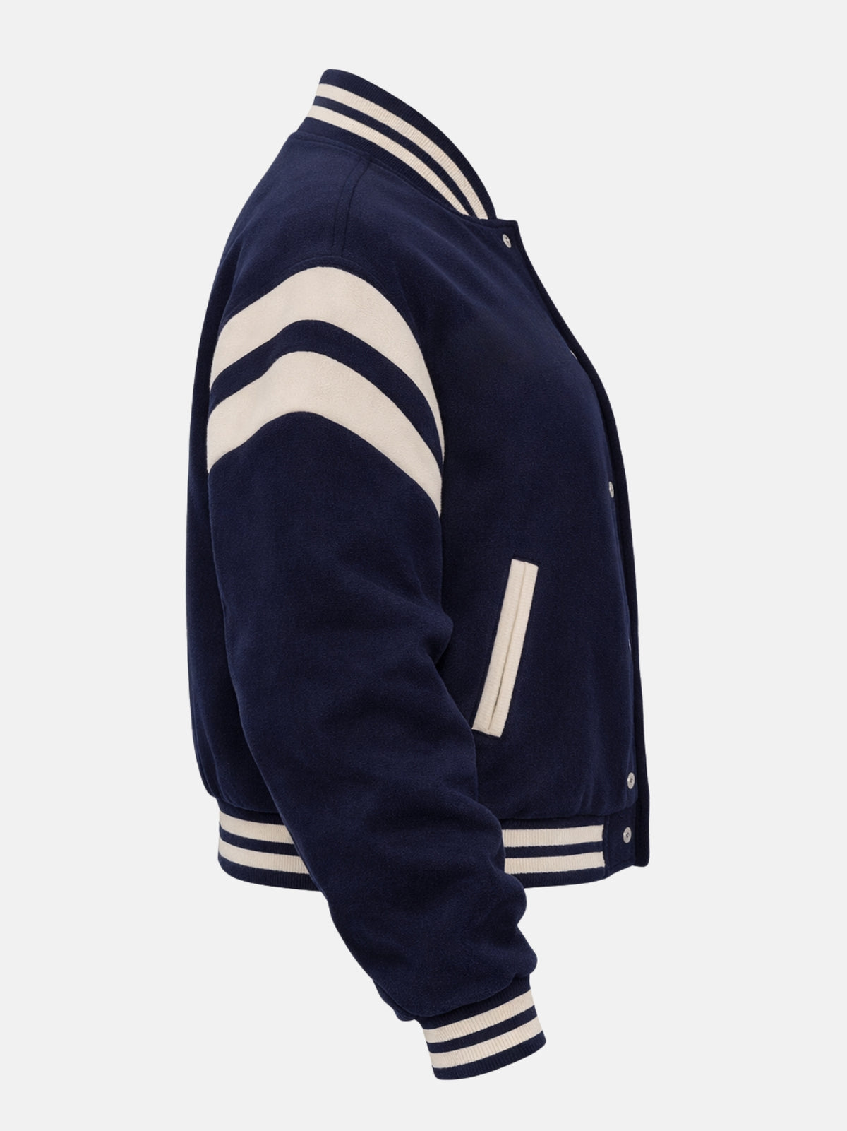 Women’s oversized navy wool varsity jacket with New York lettering and ribbed trim, right view