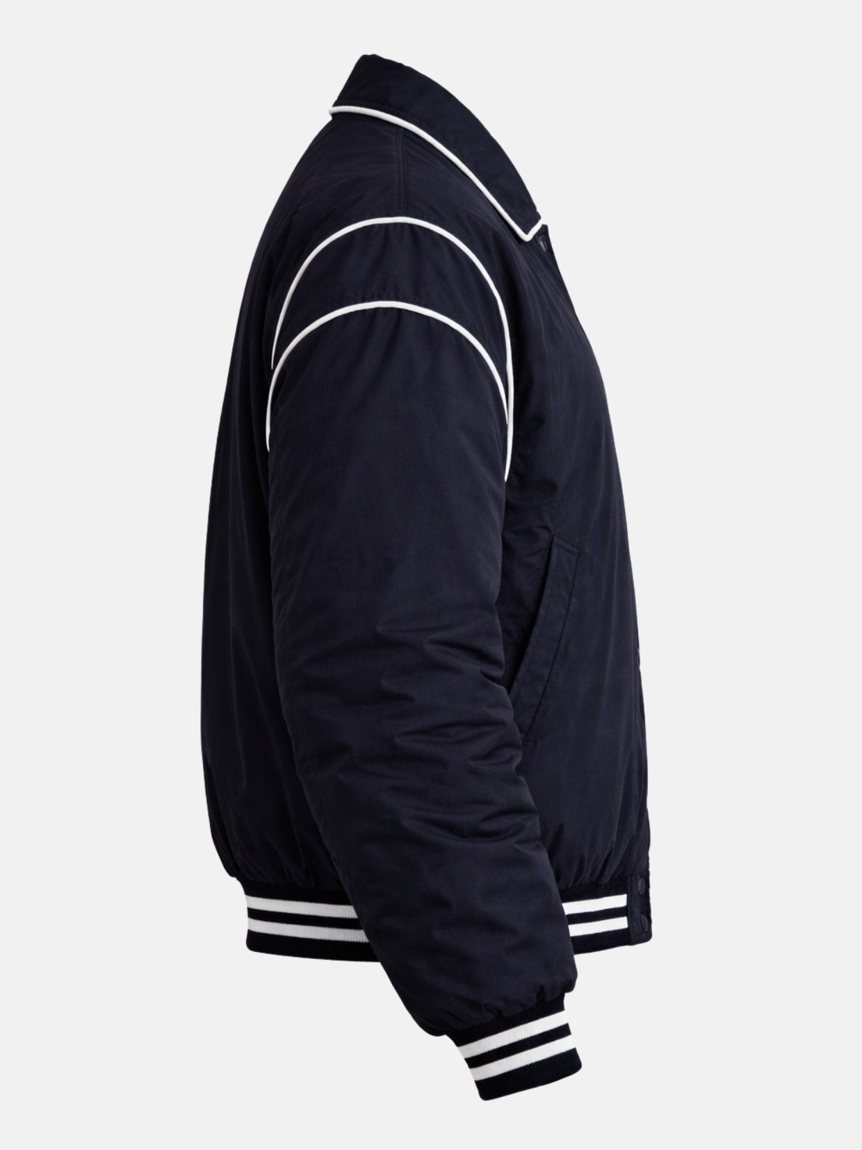 Women’s oversized navy satin varsity jacket with piped trim and snap front, right view