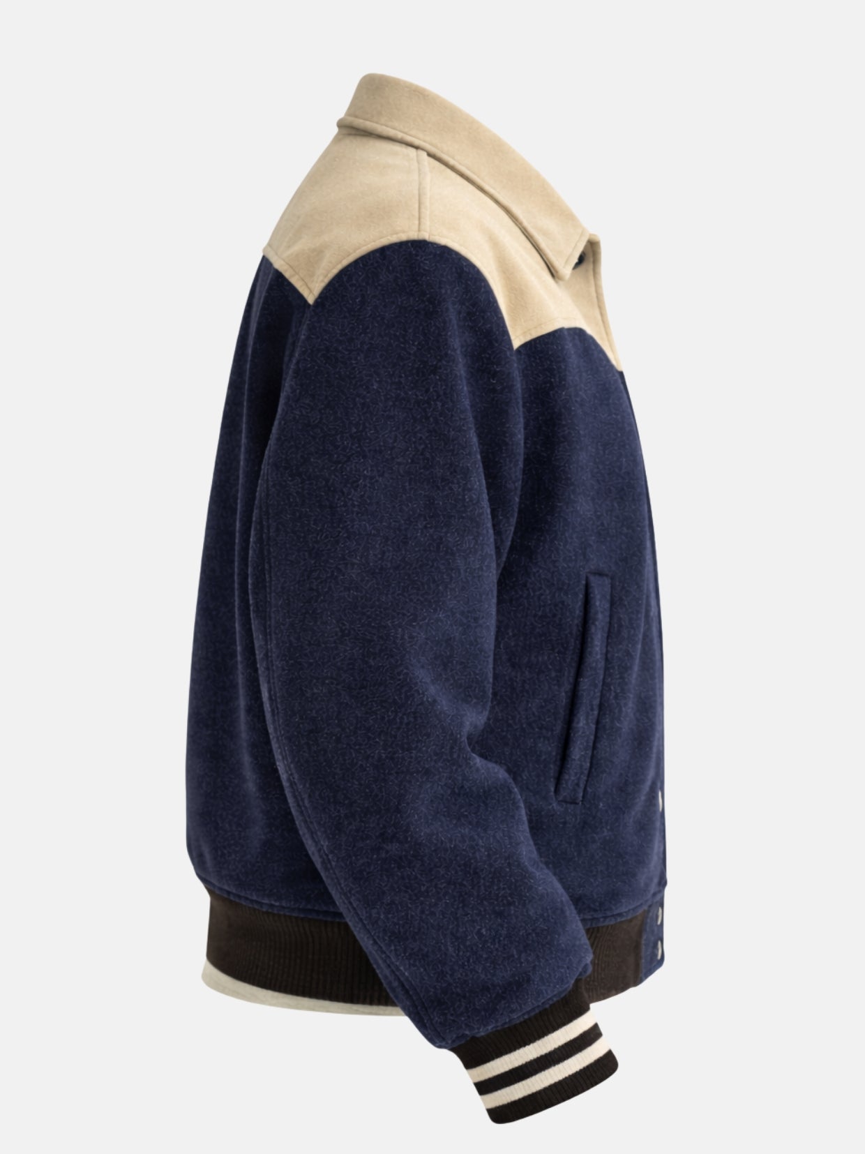 Women’s oversized navy wool varsity jacket with contrast yoke and ribbed trim, right view