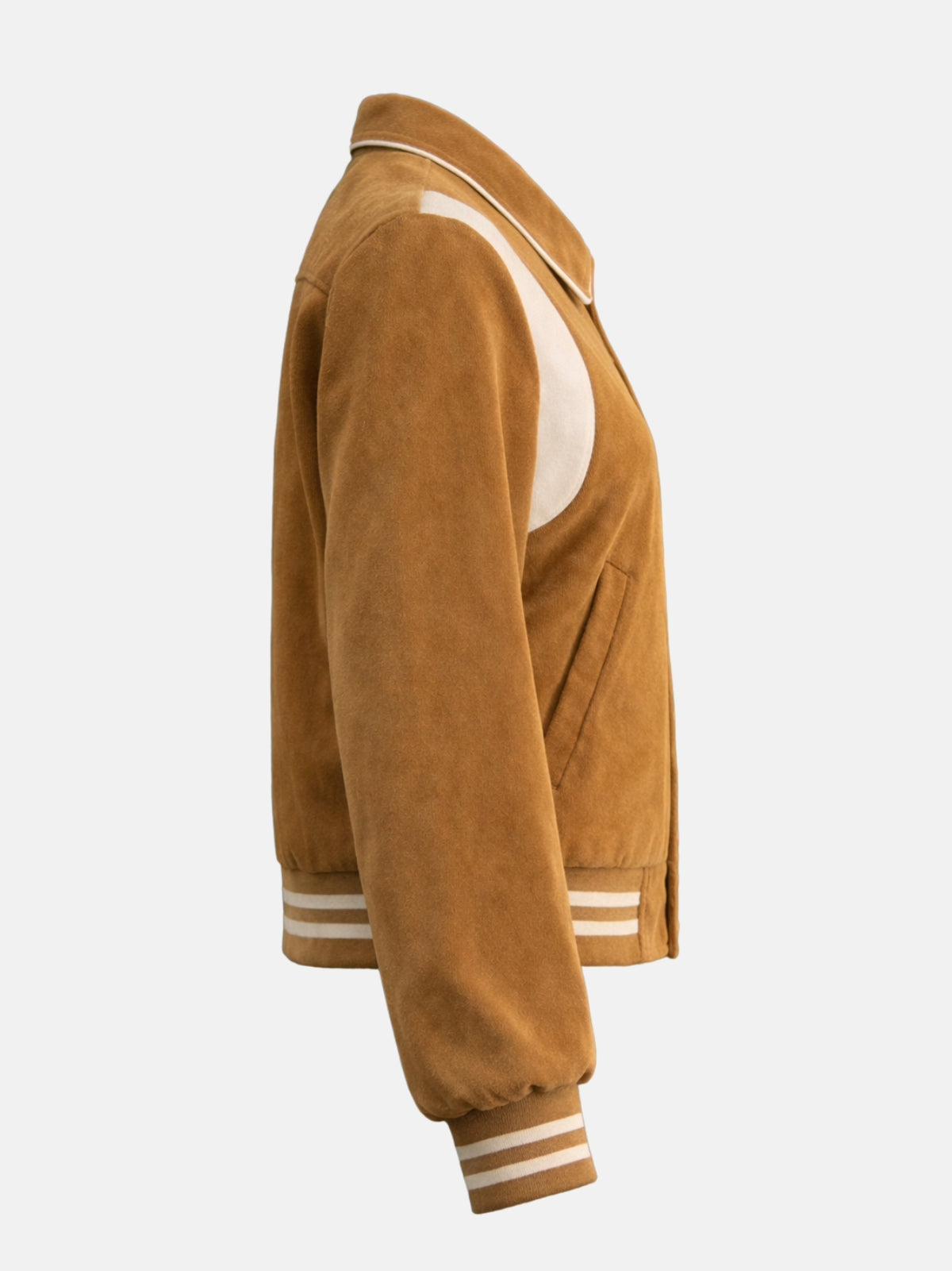 Women’s brown wool varsity jacket with classic ribbed trim and snap front, right view