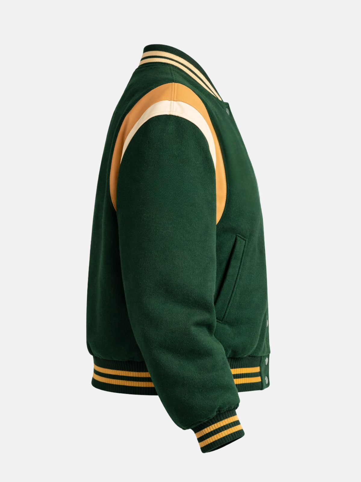 Women’s green and gold varsity jacket with chenille patch and ribbed trim, right view