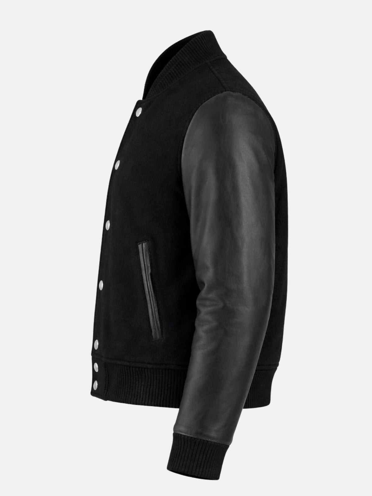 Women’s all black varsity jacket with leather sleeves and ribbed trim, left view