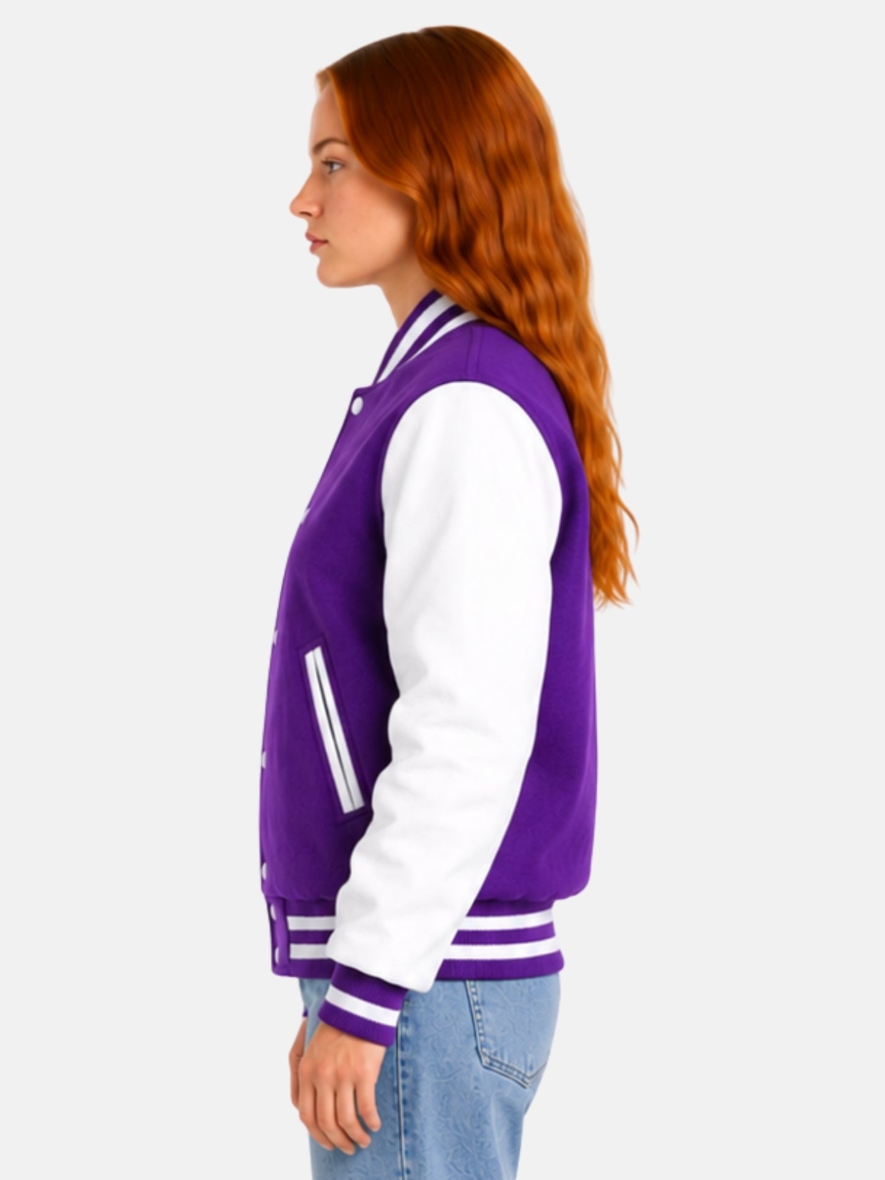 Side profile of womens purple varsity jacket showing white leather sleeve and striped cuff