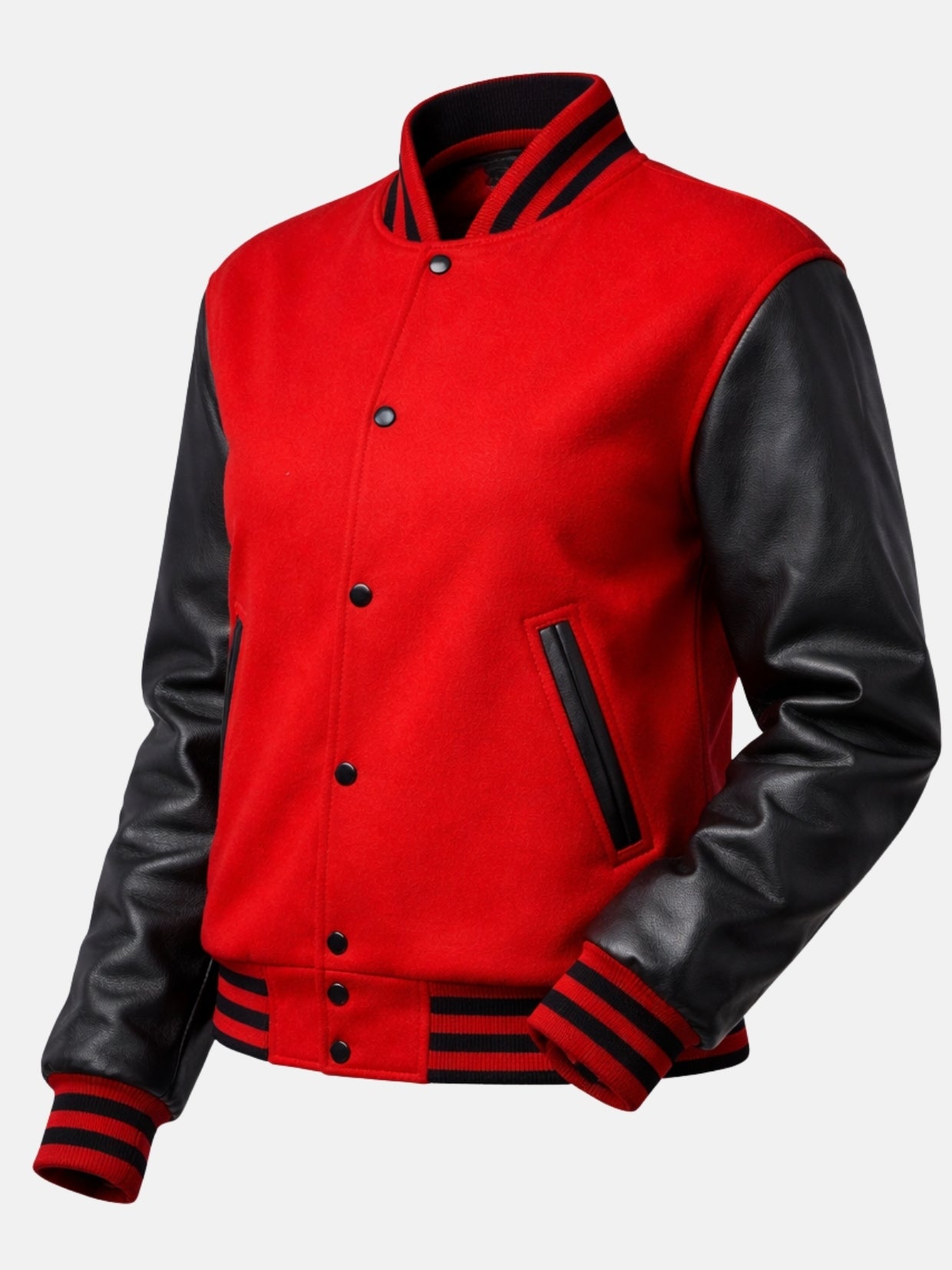 Angled front view of red womens varsity jacket with black leather sleeves and snap placket