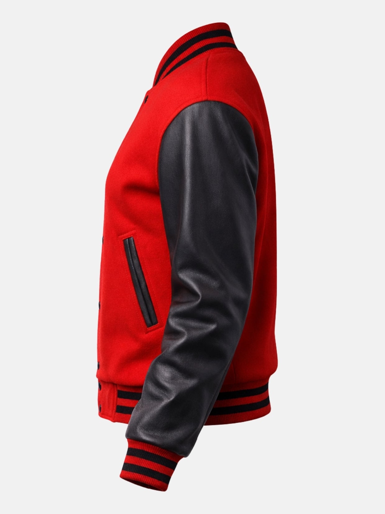Women’s red and black varsity jacket with leather sleeves and ribbed trim, left view