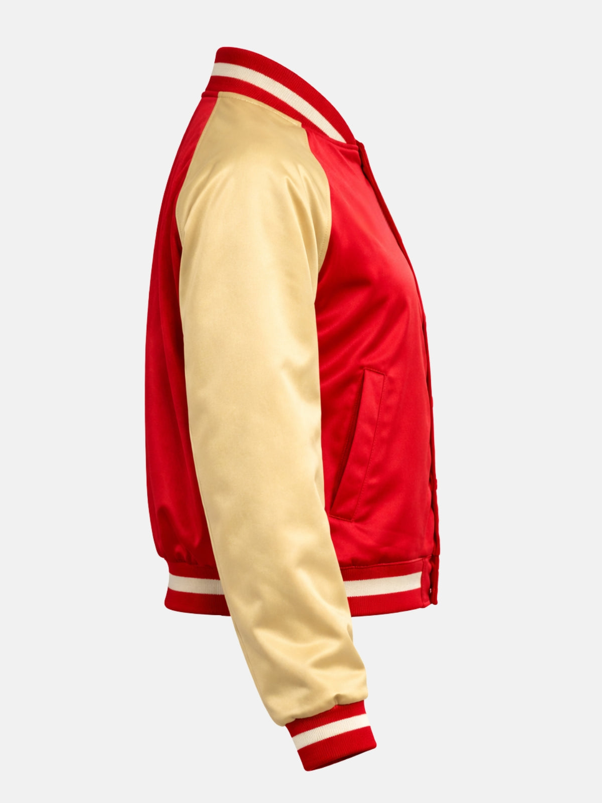 Women’s red satin varsity jacket with gold contrast sleeves and ribbed trim, right view