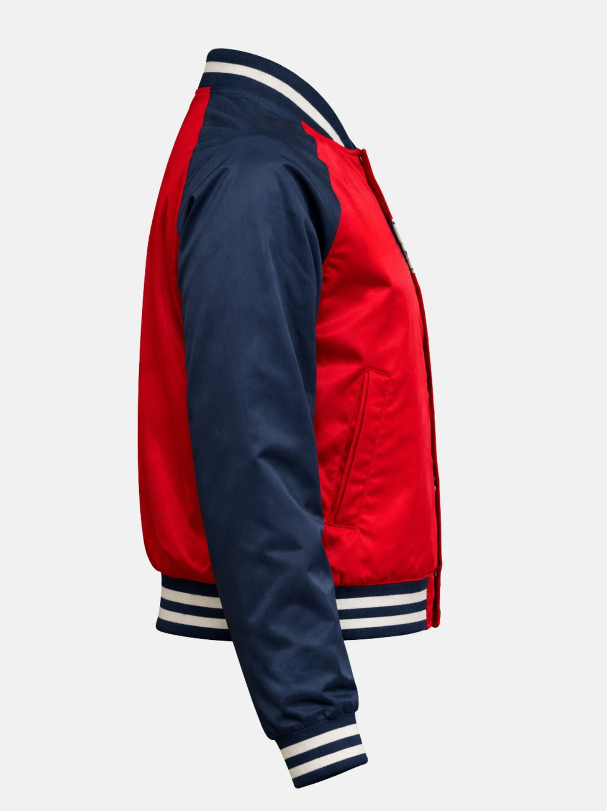 Women’s red and navy satin varsity jacket with ribbed trim and snap front, right view