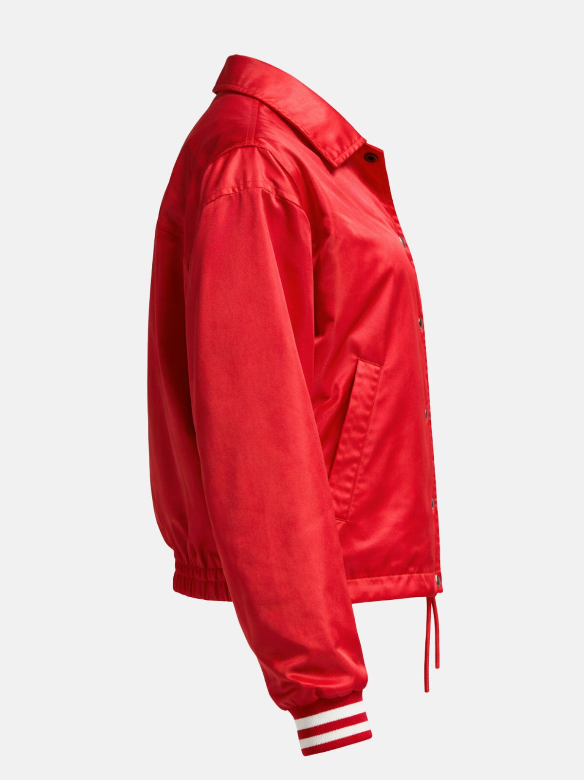 Women’s red satin varsity coach jacket with snap front and drawstring hem, right view