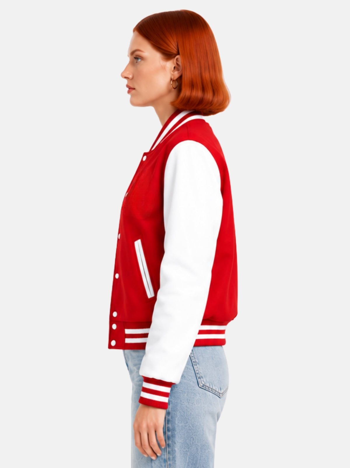 Side profile of womens red varsity jacket showing white leather sleeve and striped cuff