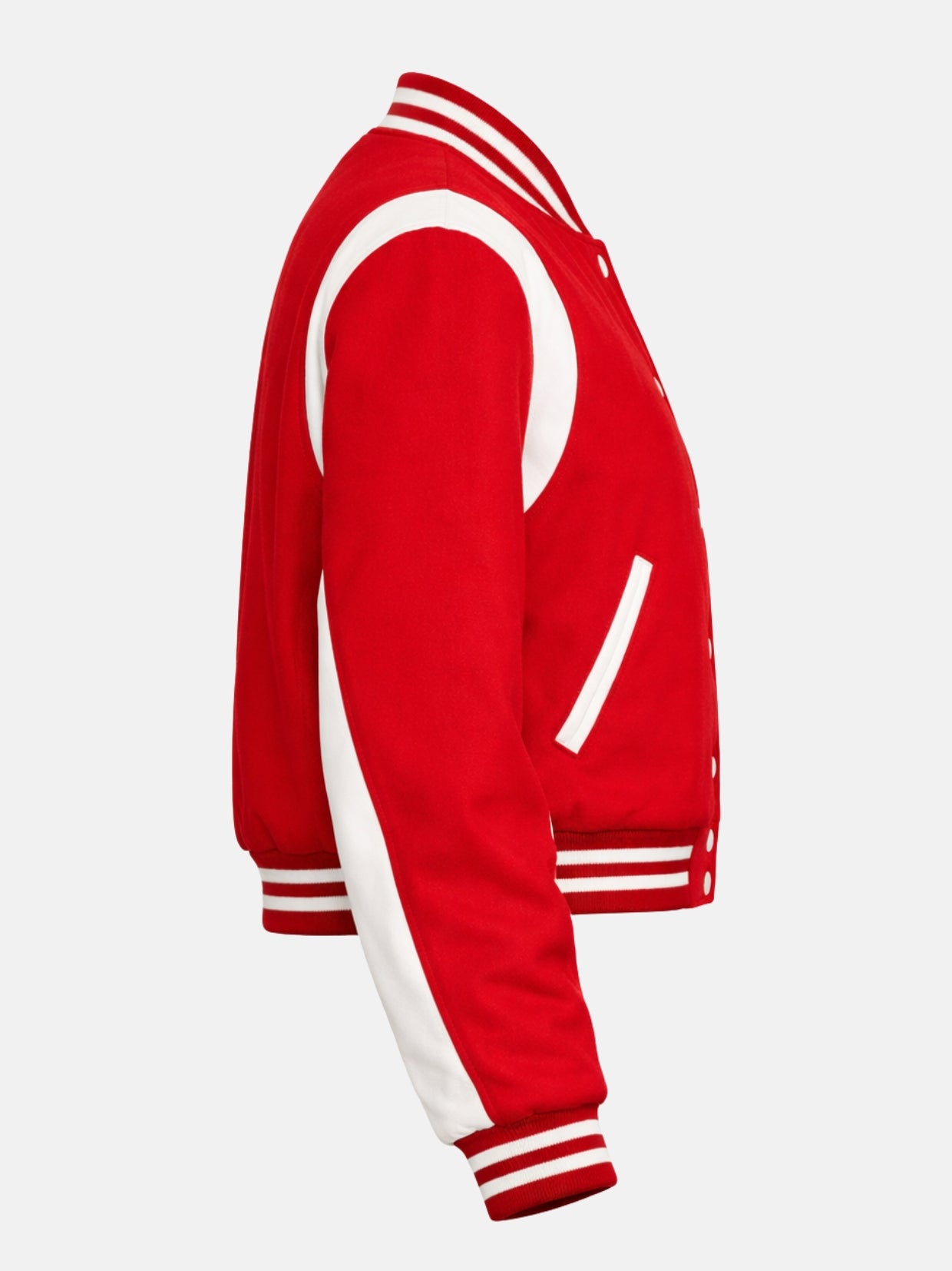 Women’s red and white varsity jacket with ribbed trim and snap front, right view