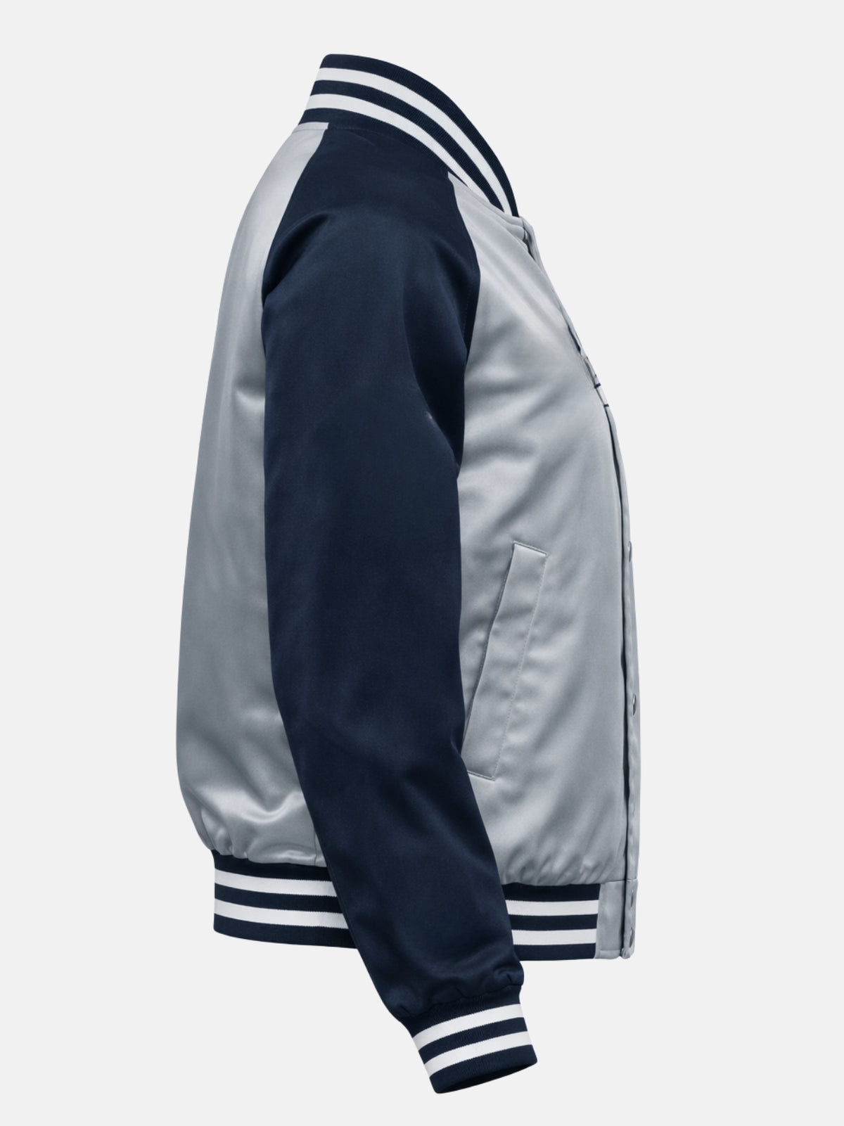 Women’s silver and navy satin varsity jacket with ribbed trim and snap front, right view