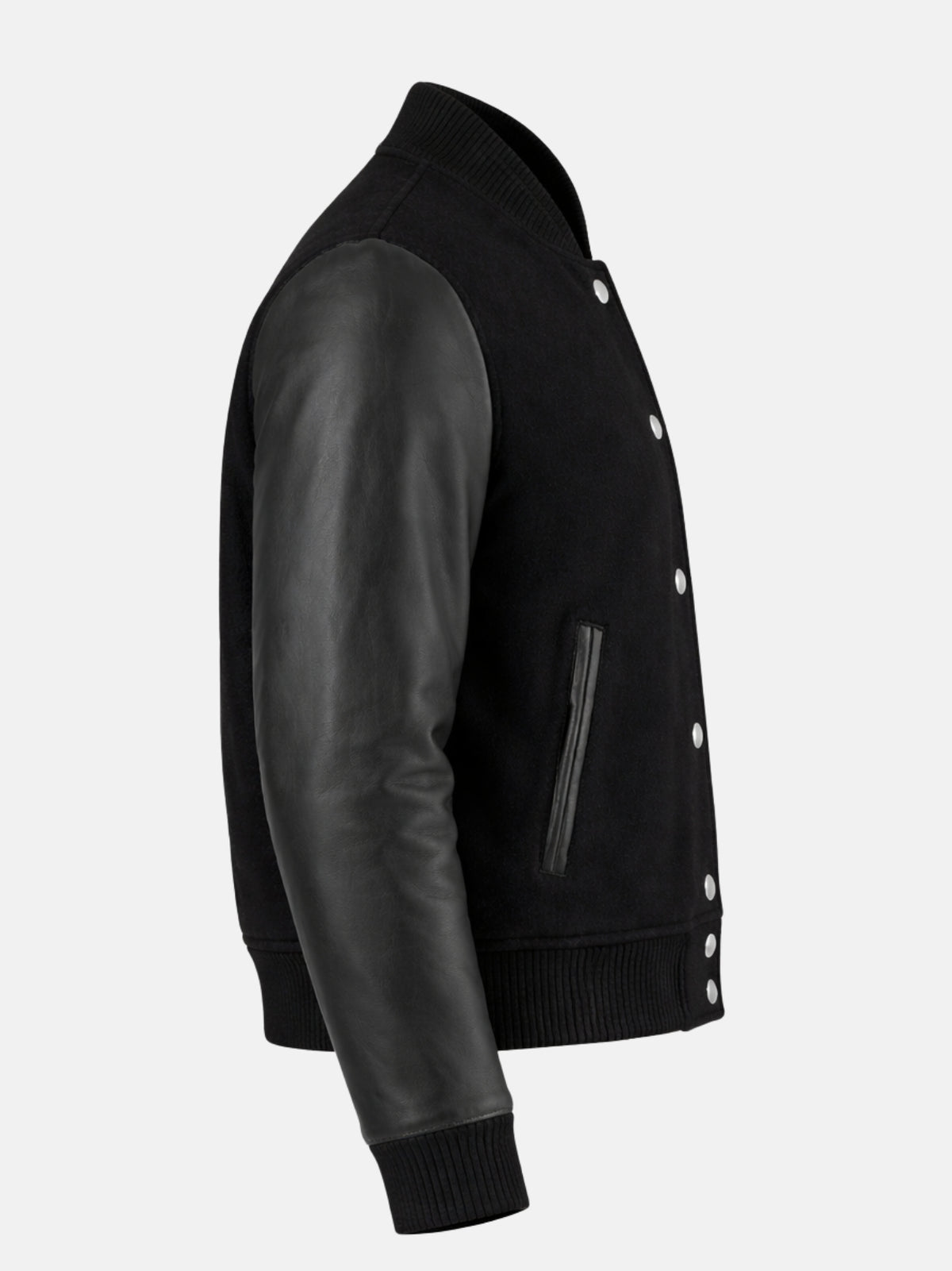 Side flat view of triple black varsity jacket showing leather sleeve and welt pocket