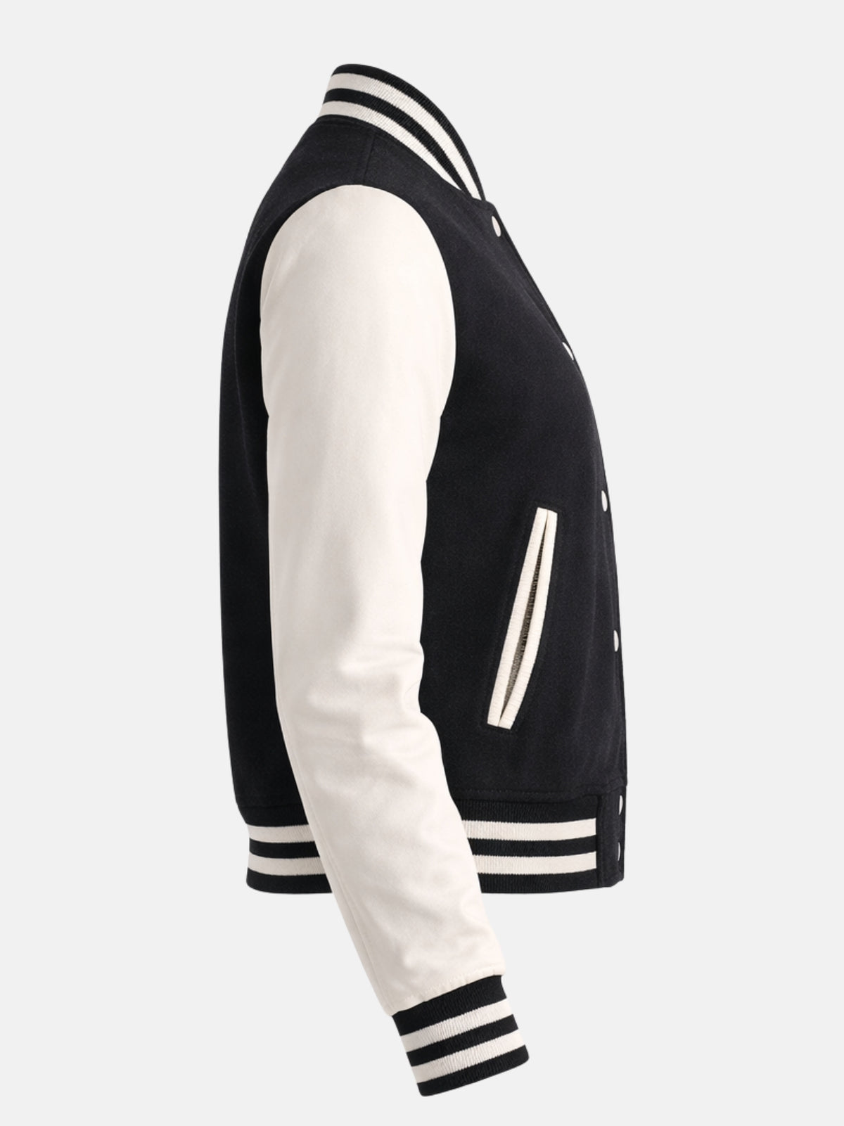 Side flat view of womens varsity jacket showing cream welt pocket trim