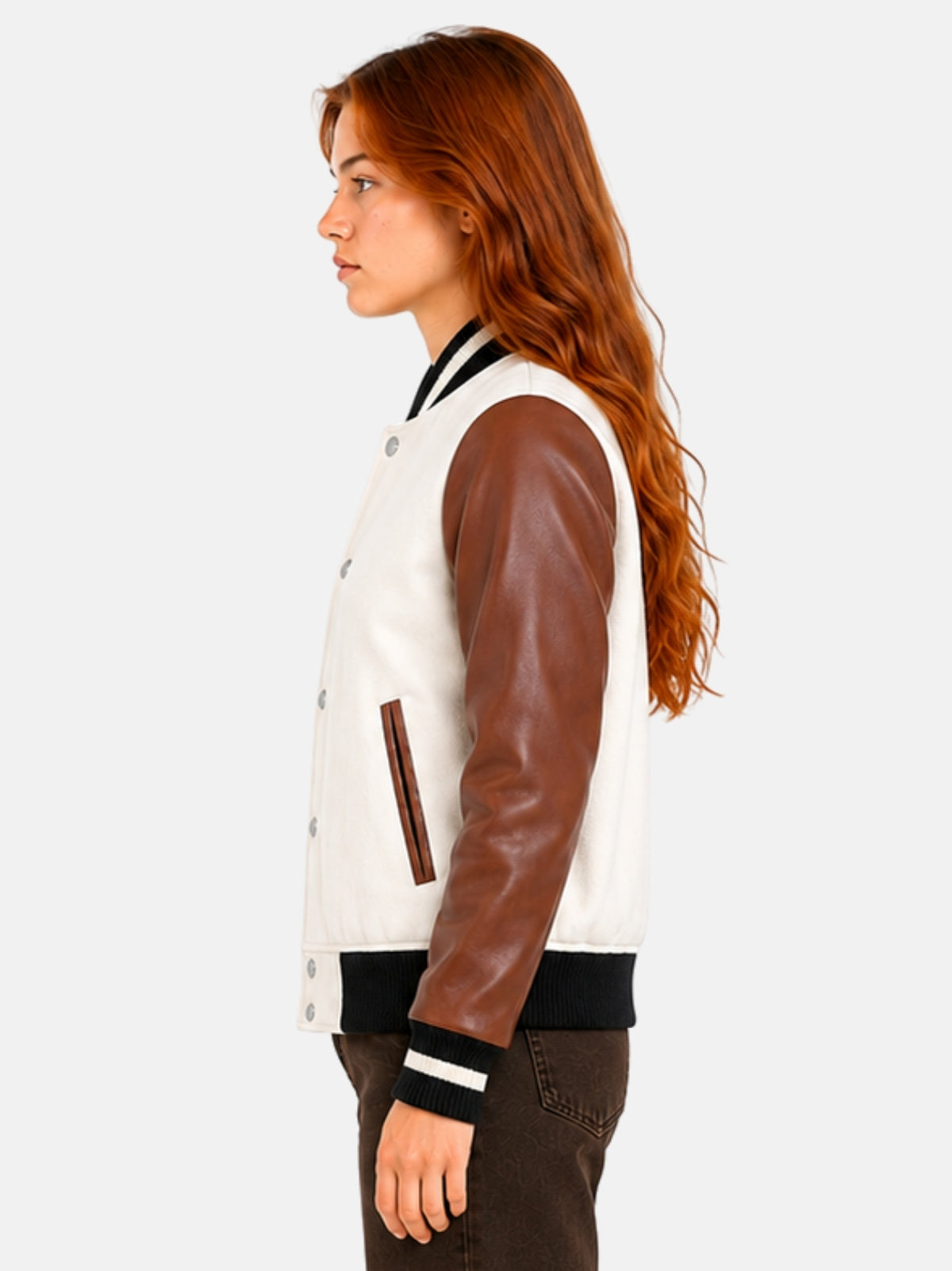 Side profile of womens varsity jacket showing brown leather sleeve and striped cuff