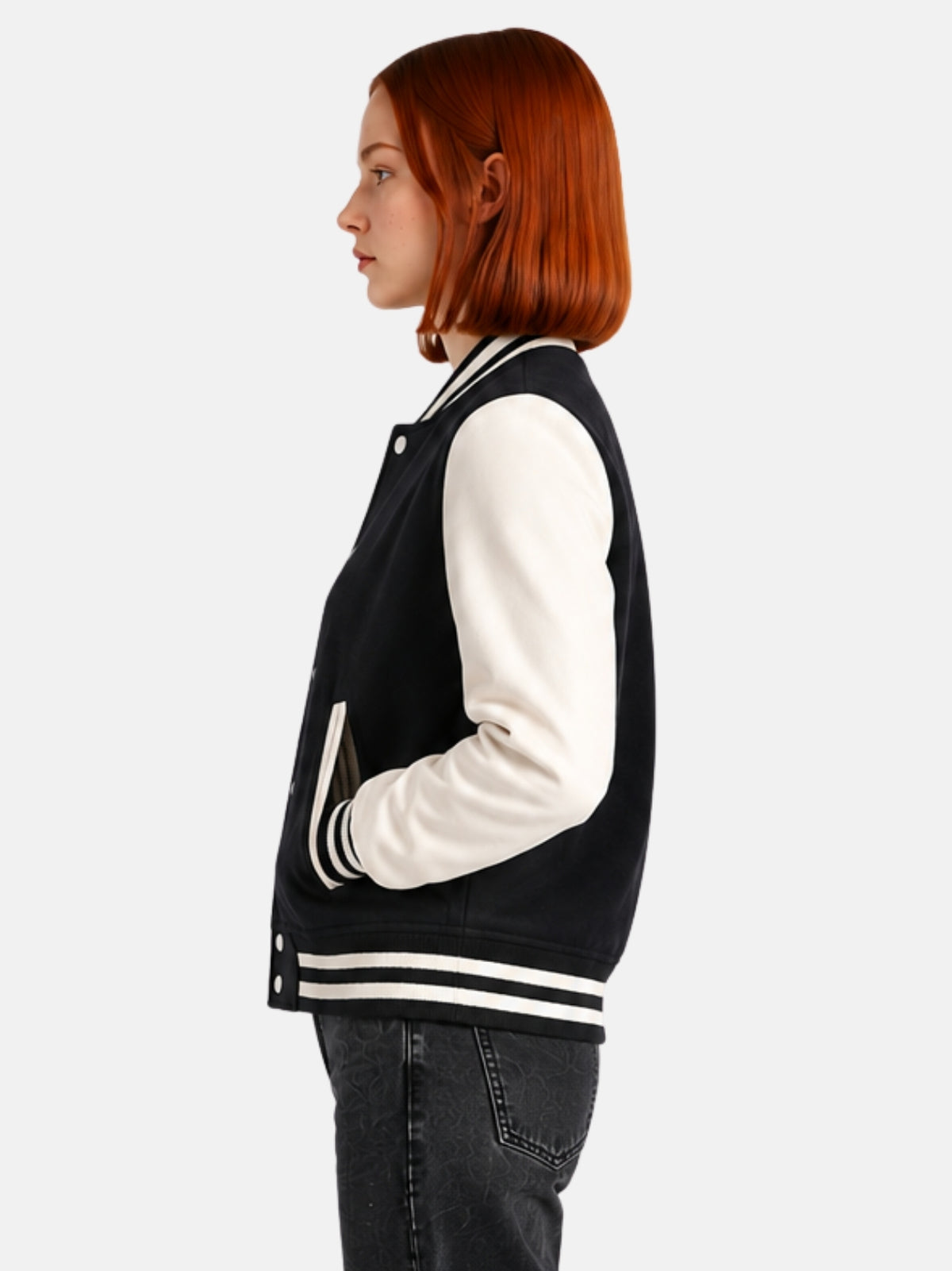 Side profile of womens varsity jacket showing cream leather sleeve and striped cuff