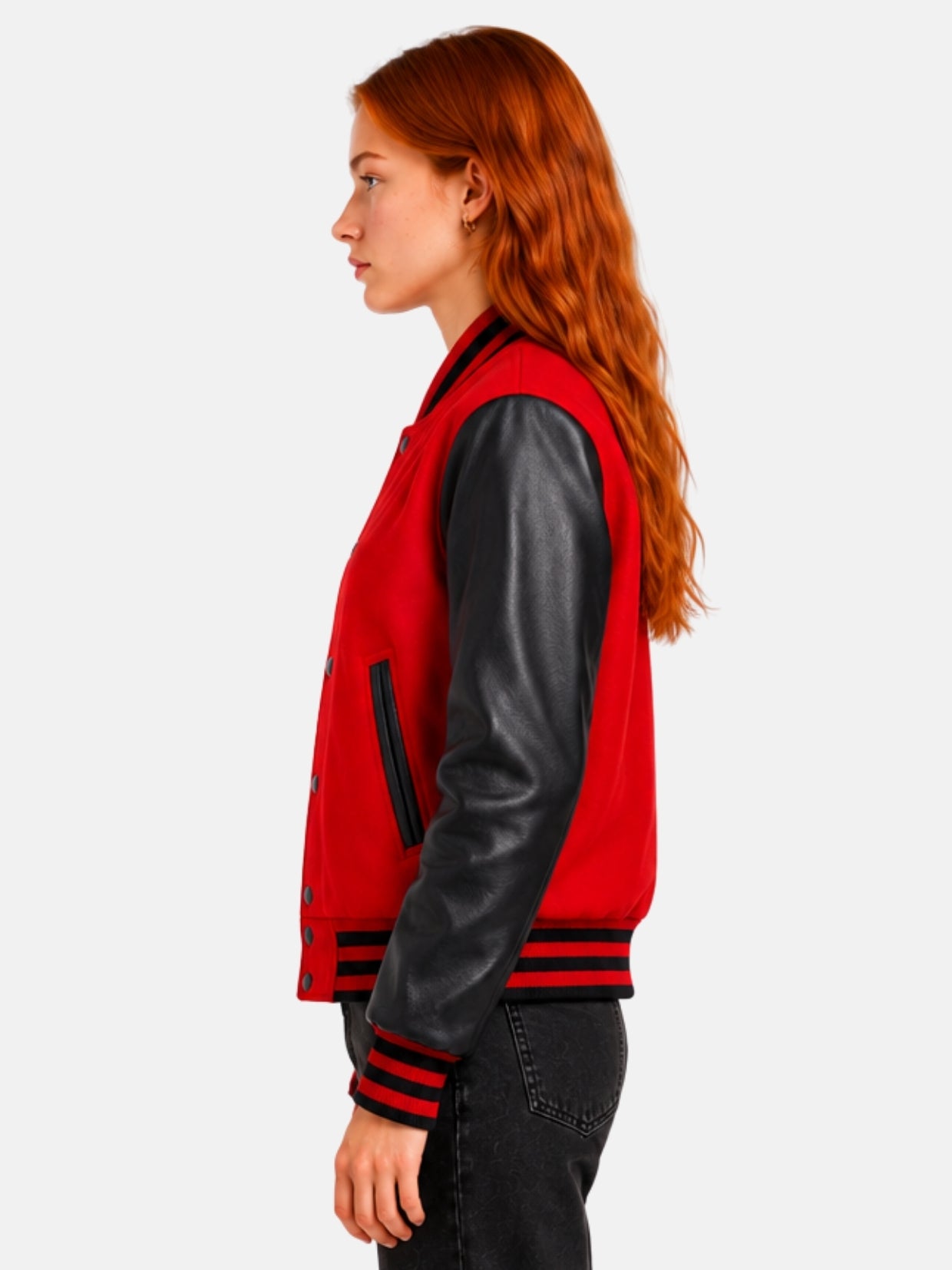 Side profile of womens varsity jacket showing black leather sleeve and striped cuff