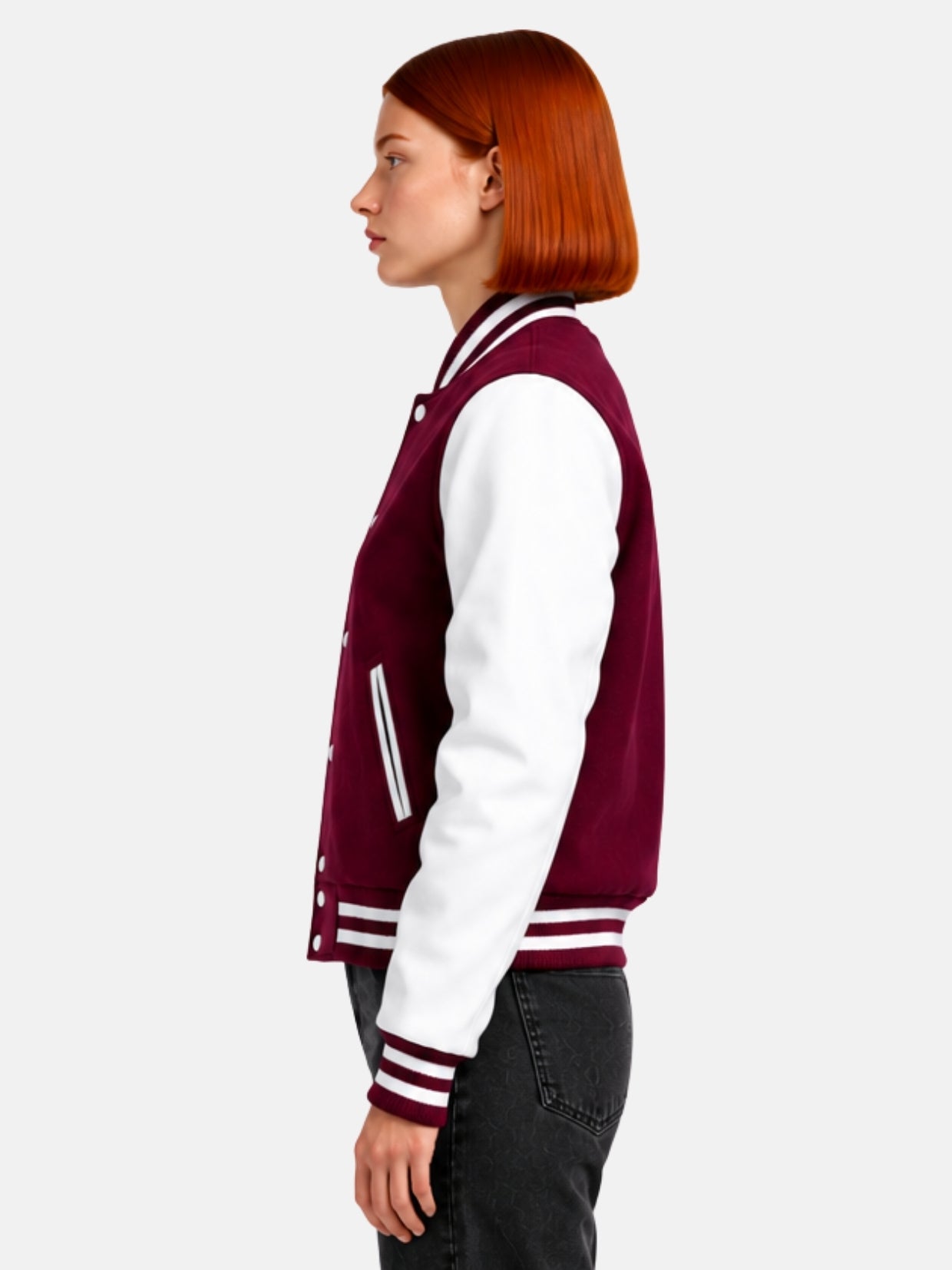 Side profile of womens varsity jacket showing white leather sleeve and striped cuff