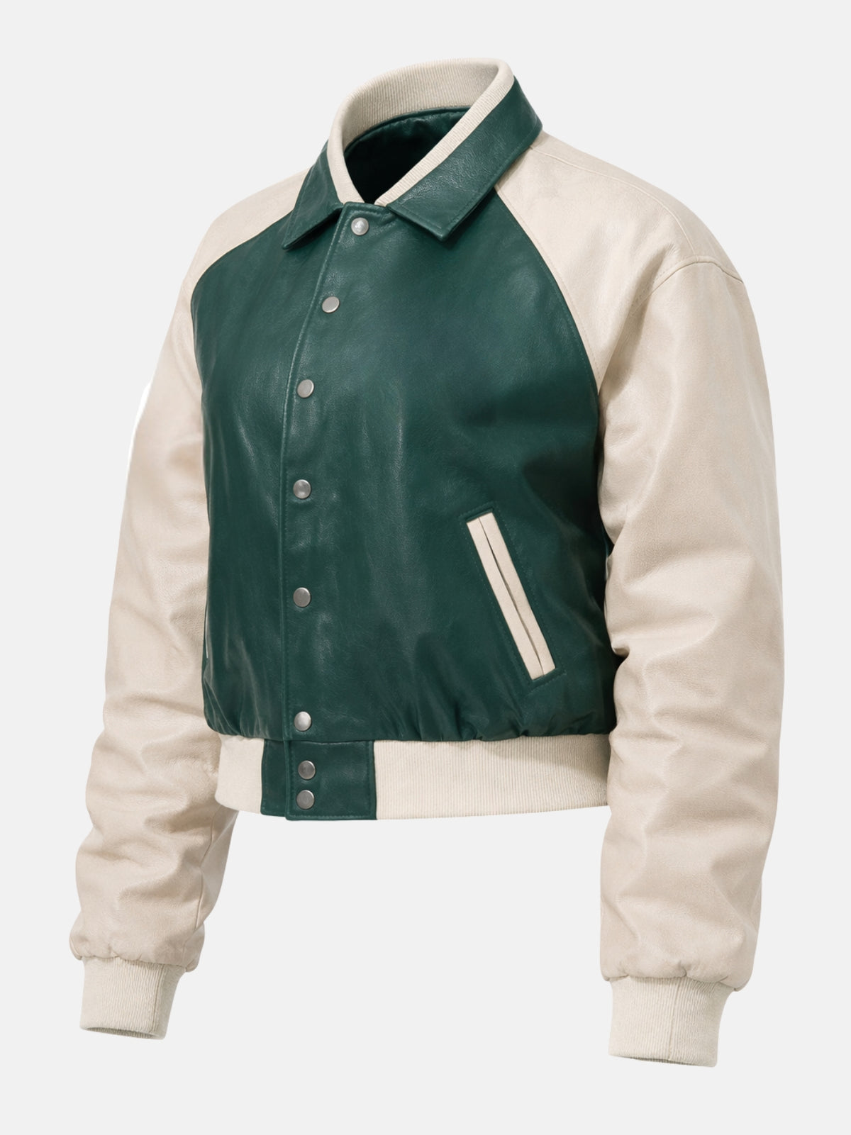 Women’s varsity leather jacket with green body, cream leather sleeves, and ribbed trim, tilt view