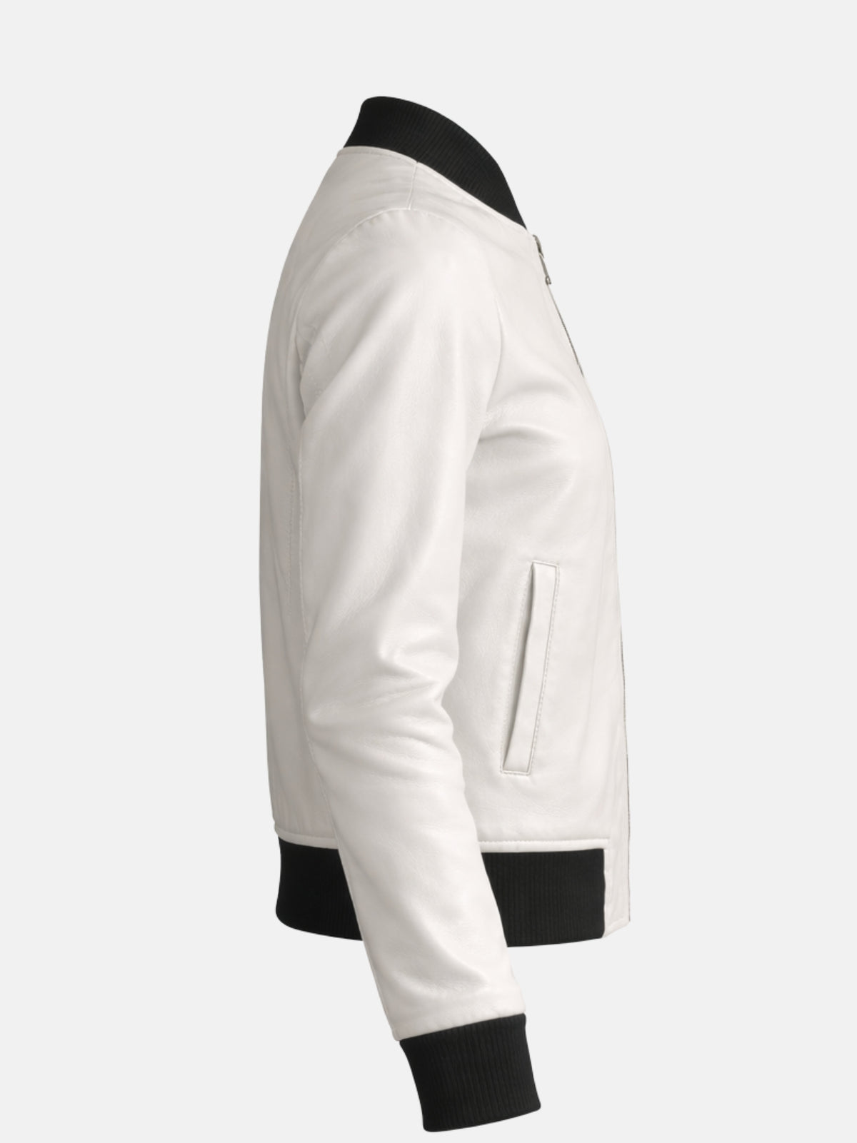 Women’s white leather varsity jacket with ribbed bomber fit and snap front, right view