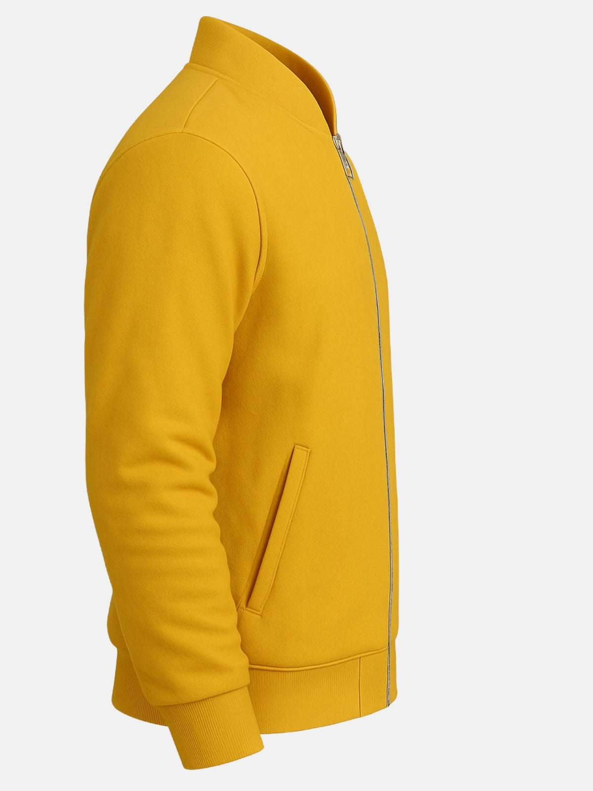 Flat side view of yellow varsity jacket showing tonal welt pocket