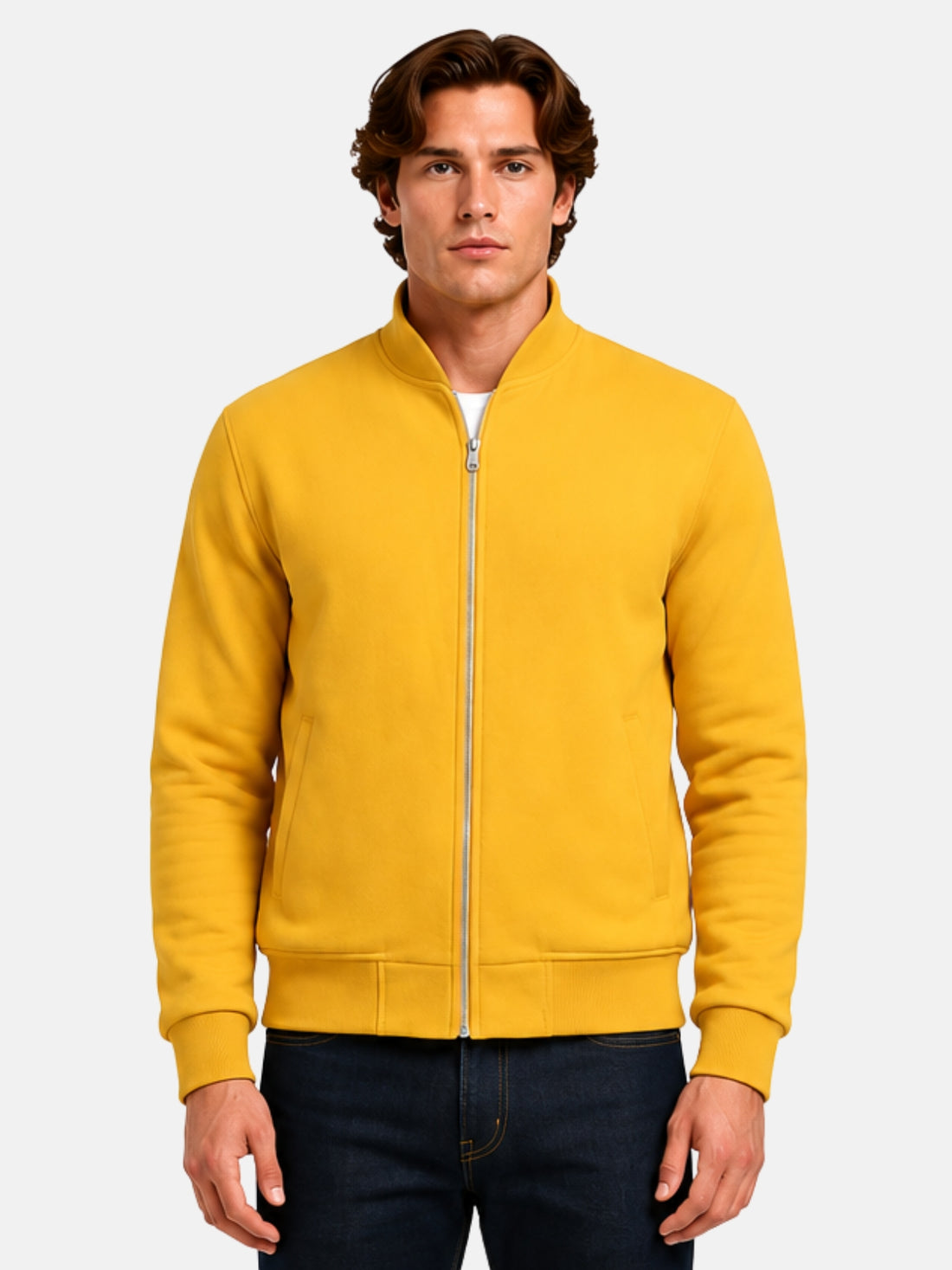 Man wearing a yellow wool varsity jacket with silver zip front and tonal ribbing