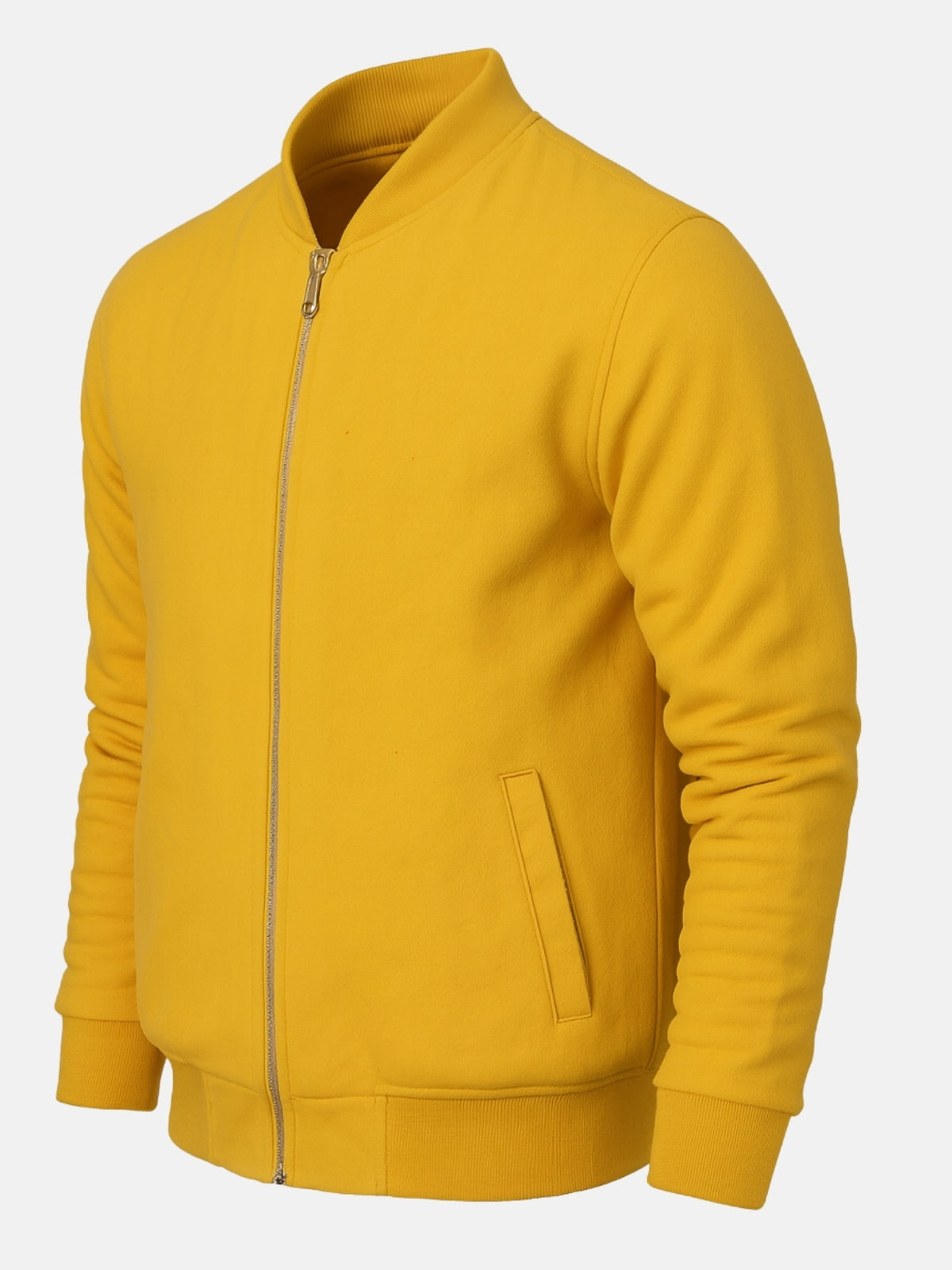 Angled front view of yellow wool varsity jacket with full-length zip