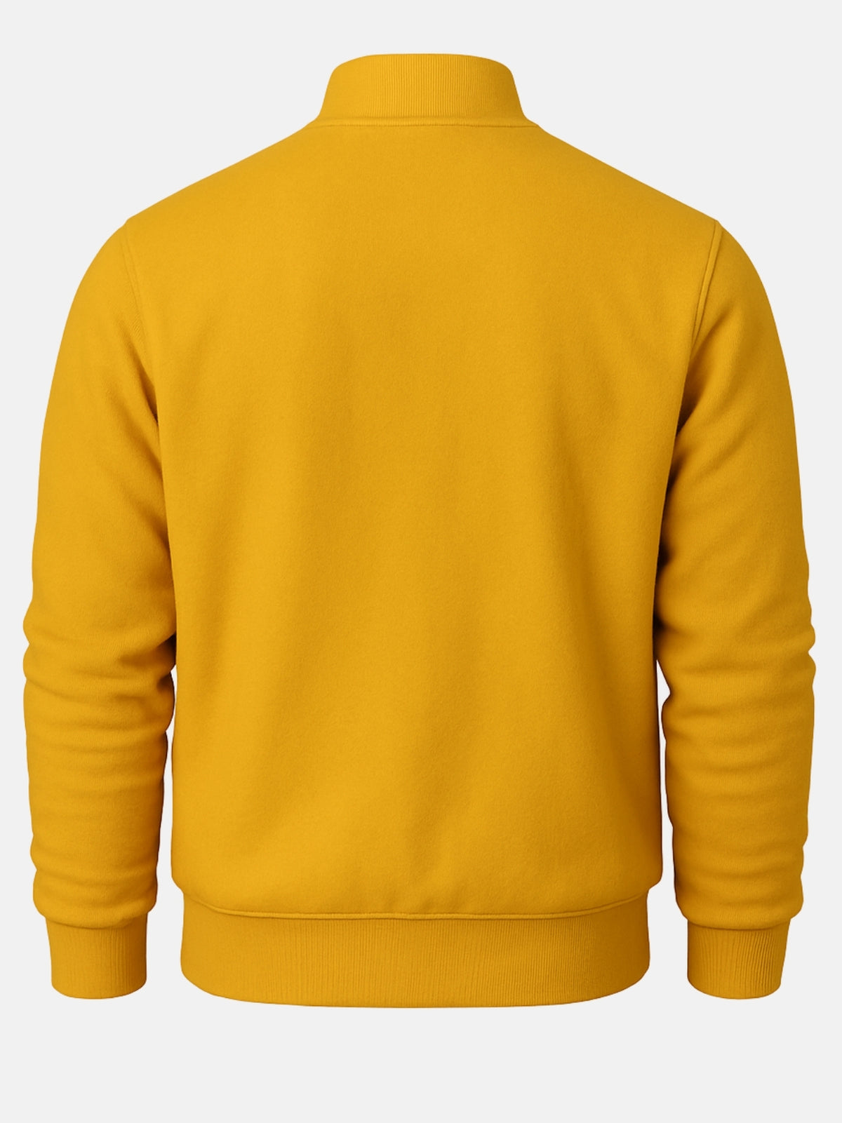 Flat back shot of golden yellow wool varsity jacket with ribbed hem