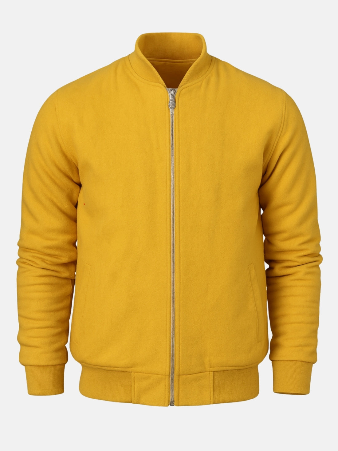 Man wearing a yellow wool varsity jacket with silver zip front and tonal ribbing