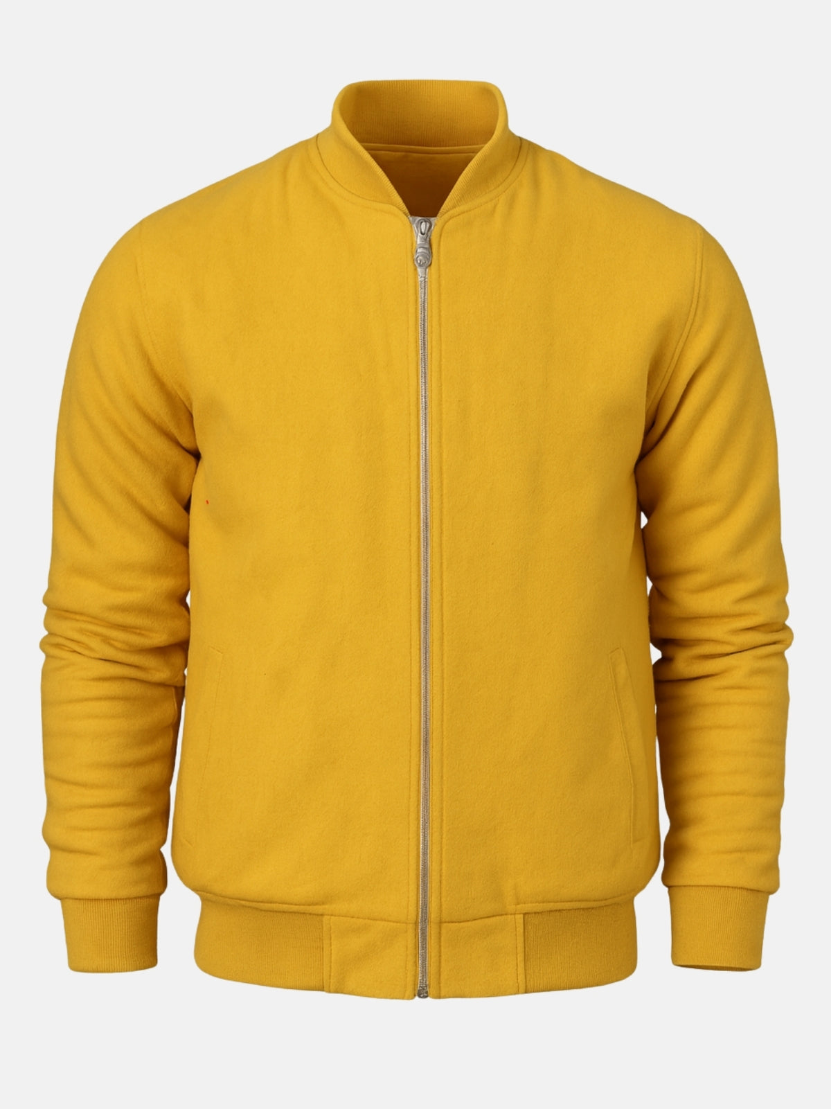 Yellow zip-up varsity jacket flat front with silver zipper and stand collar