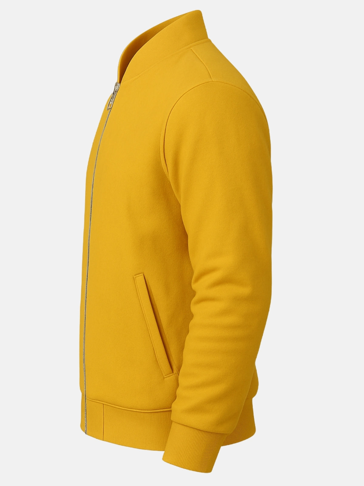 Side flat view of zip-front yellow varsity jacket with ribbed hem and cuffs
