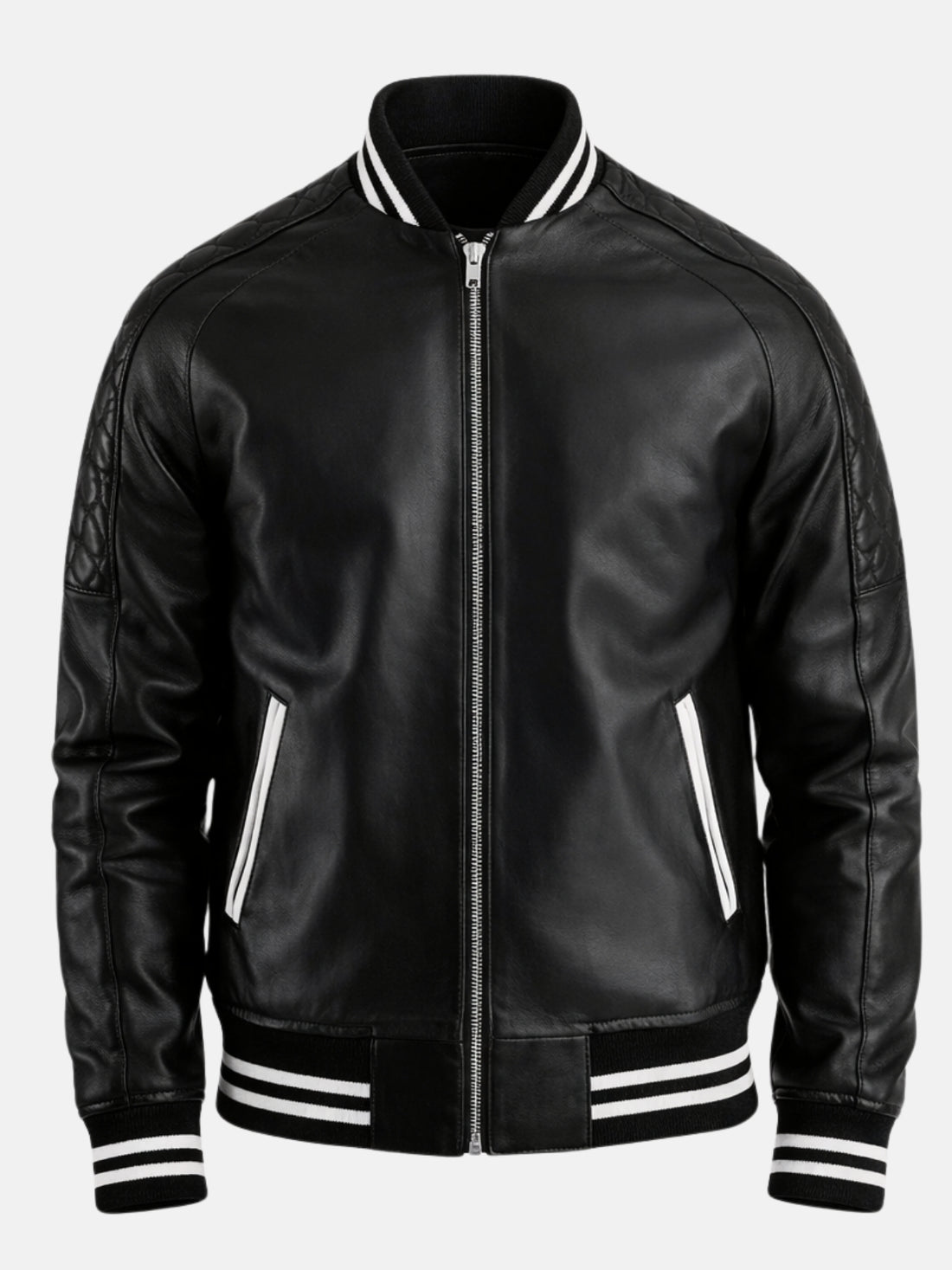 Man wearing black leather varsity bomber jacket with white striped trim and silver zip