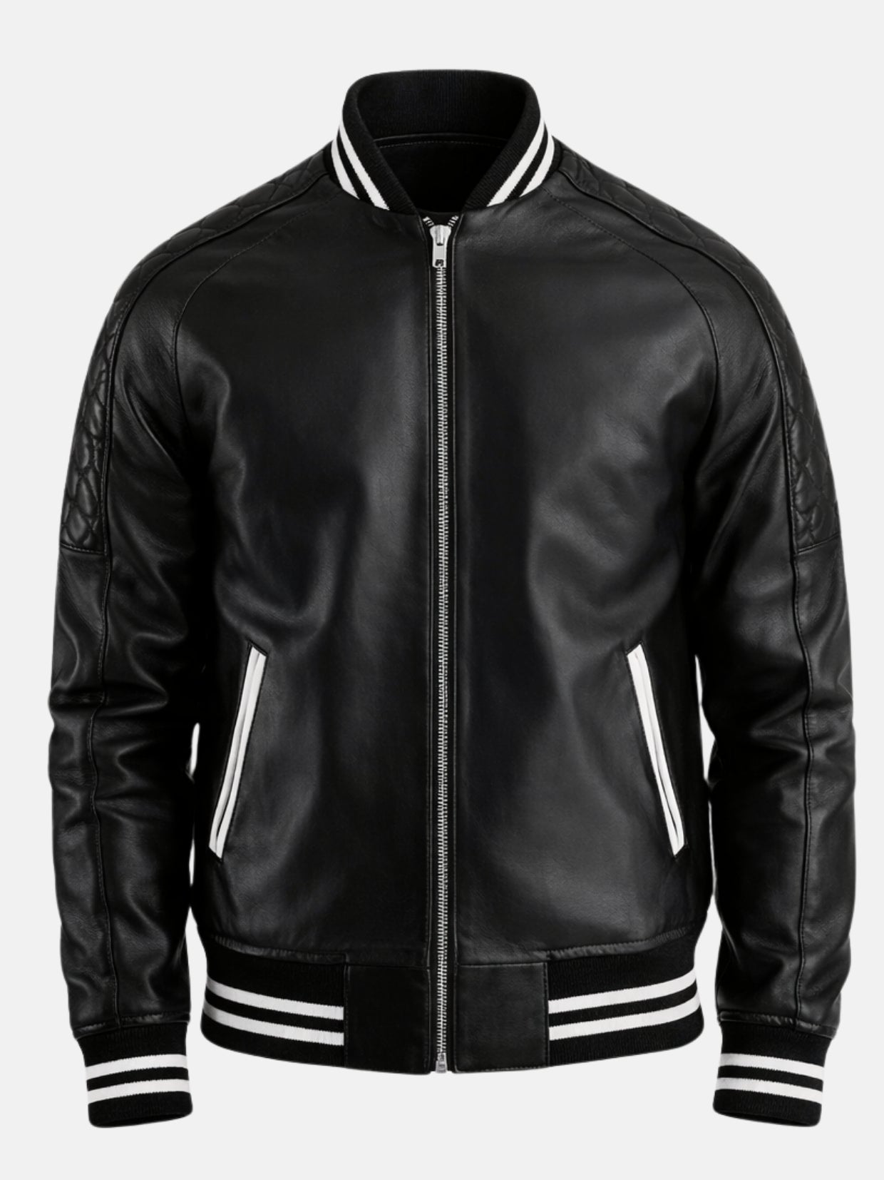 Zip-up black leather varsity jacket with white pocket piping and striped rib knits